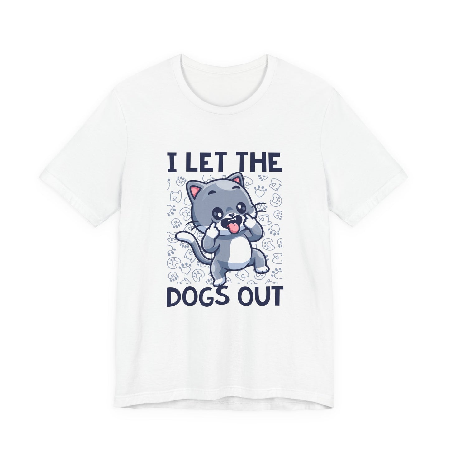 I Let the Dogs Out T-Shirt – Teasing Cat with Paw Prints Graphic Tee