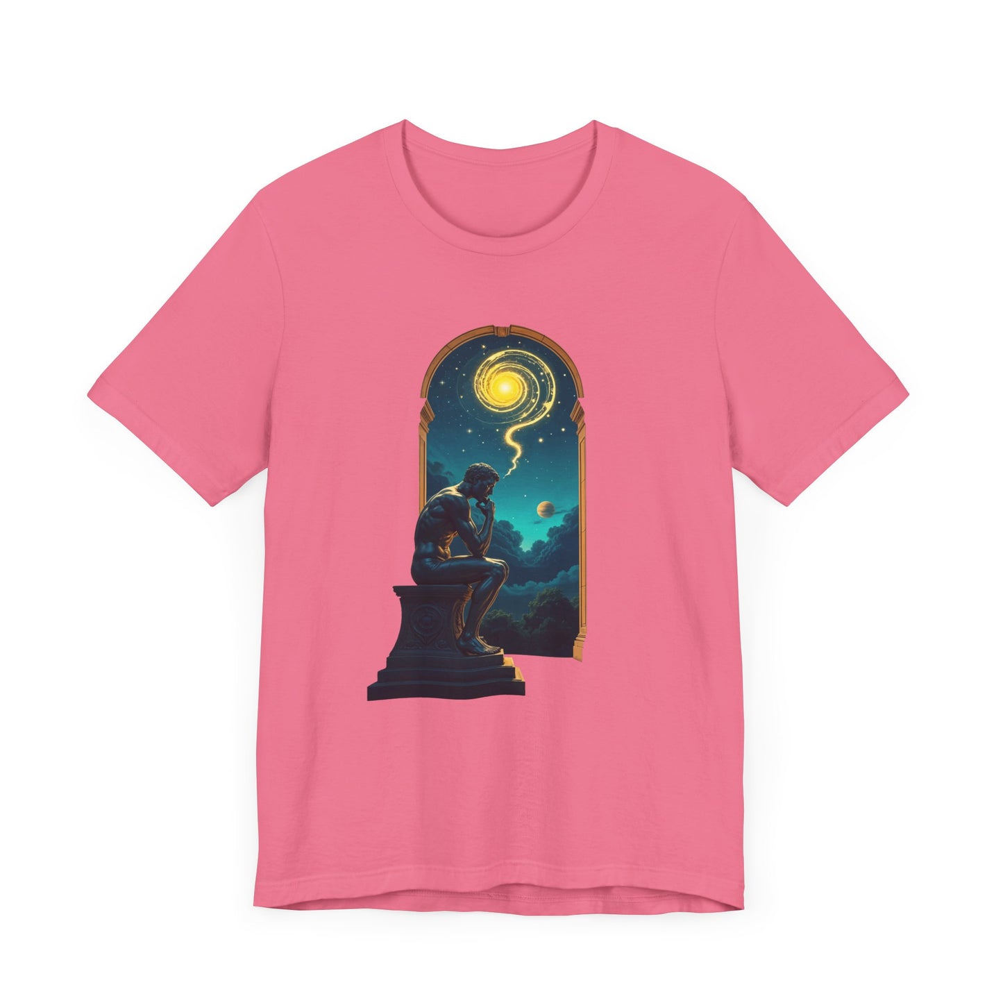 Muscular Statue Deep in Thought on Stage with Scenic Window View Graphic T-Shirt