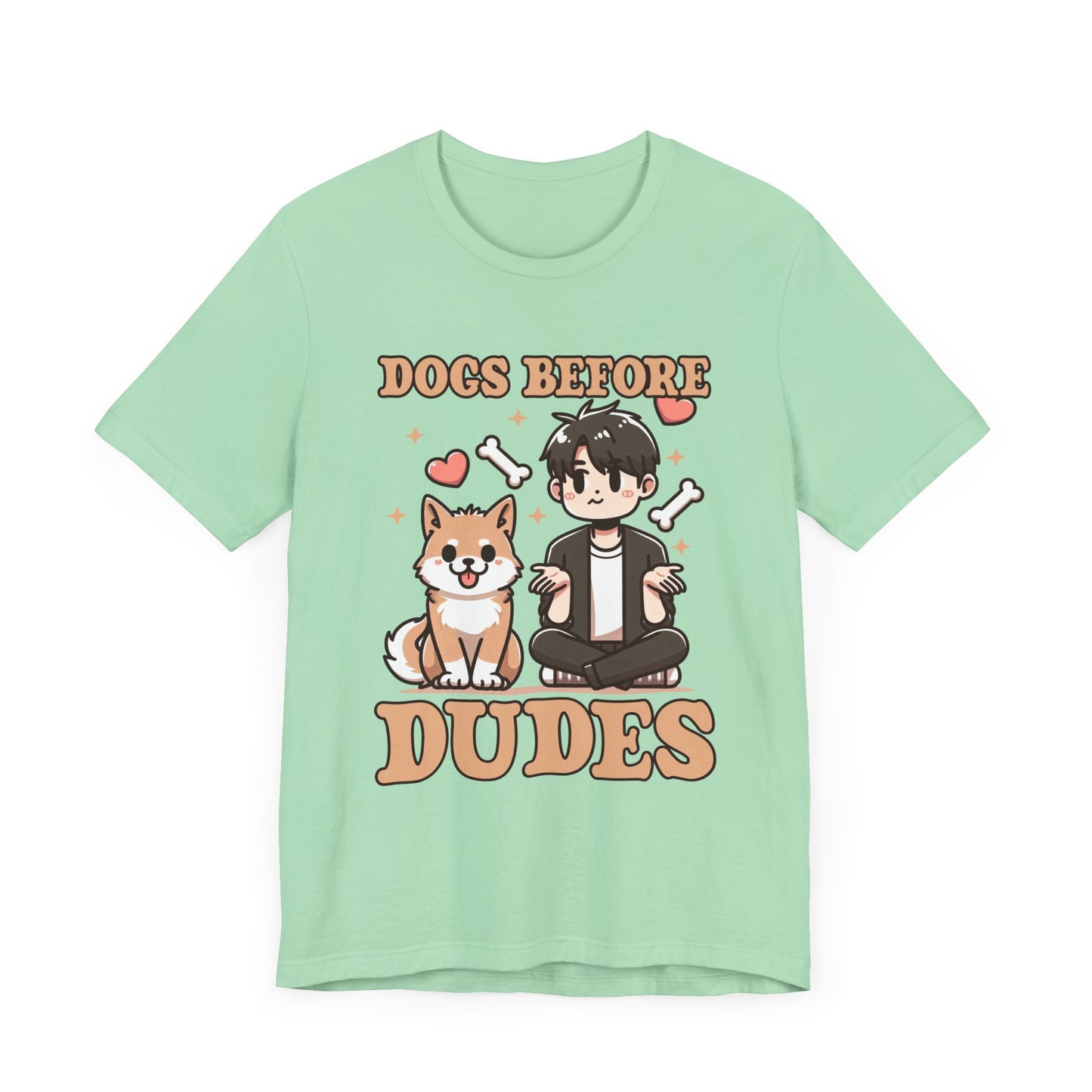 Dogs Before Dudes | Smiling Puppy & Surprised Boy with Hearts, Bones, and Stars T-Shirt