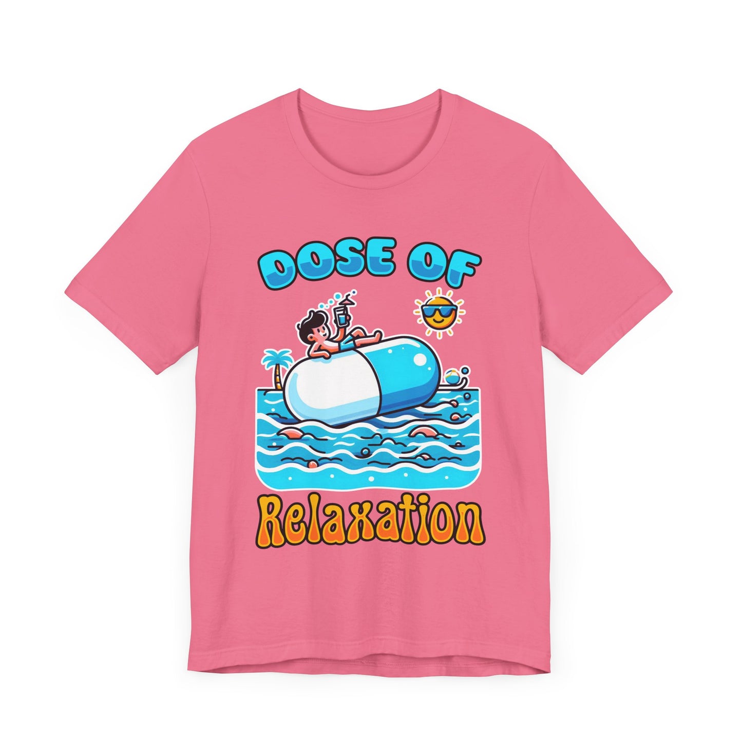 Dose of Relaxation | Boy Sitting on Pill Floating on Water with Drink, Sun & Palm Tree Graphic T-Shirt