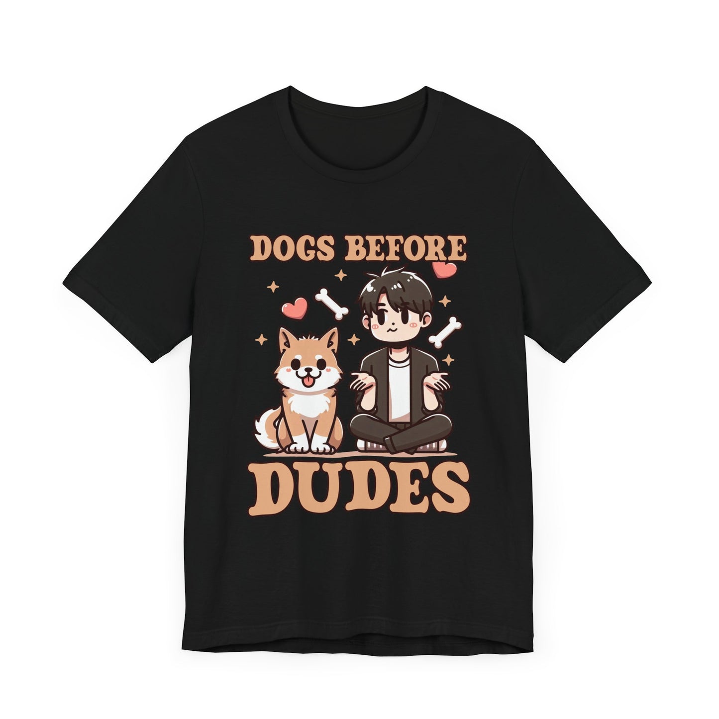 Dogs Before Dudes | Smiling Puppy & Surprised Boy with Hearts, Bones, and Stars T-Shirt