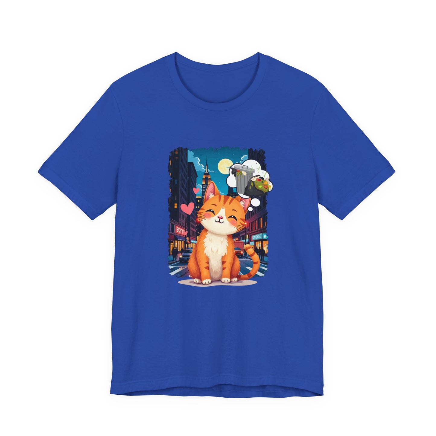 City Cat Dreams – Happy Orange Cat with Urban Garbage Thought Bubble Graphic T-Shirt