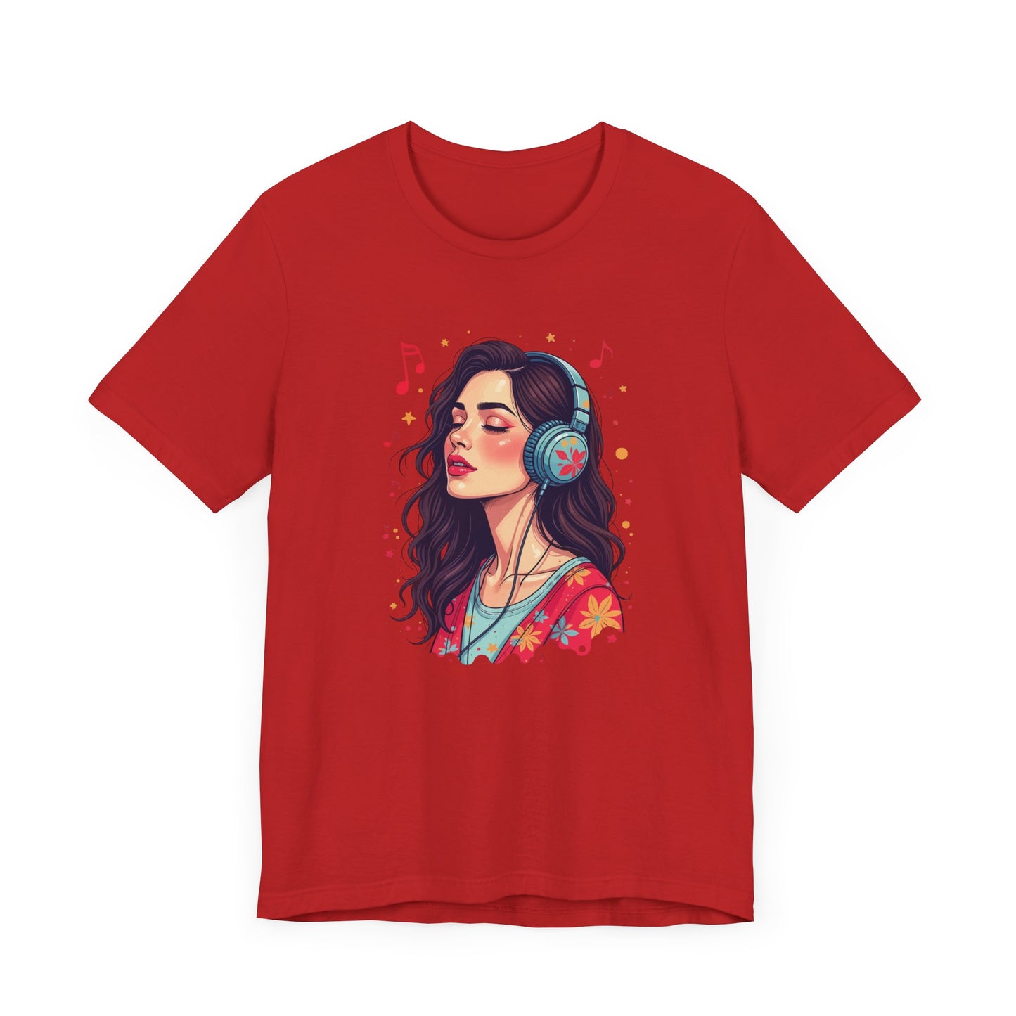 Quietly Loud – Woman with Headphones, Leaf Pattern Dress & Expressive Music Notes Graphic T-Shirt