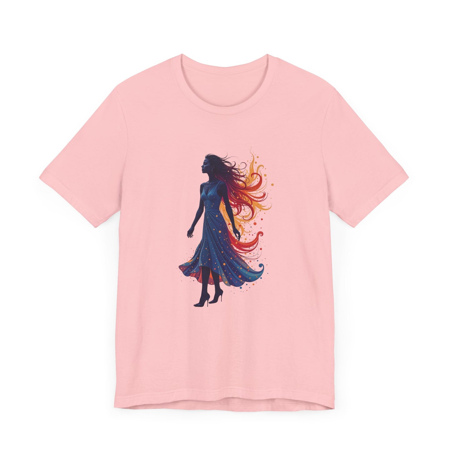 Graceful Woman with Swirling Autumn Aura – Abstract Colorful Swirl Graphic T-Shirt