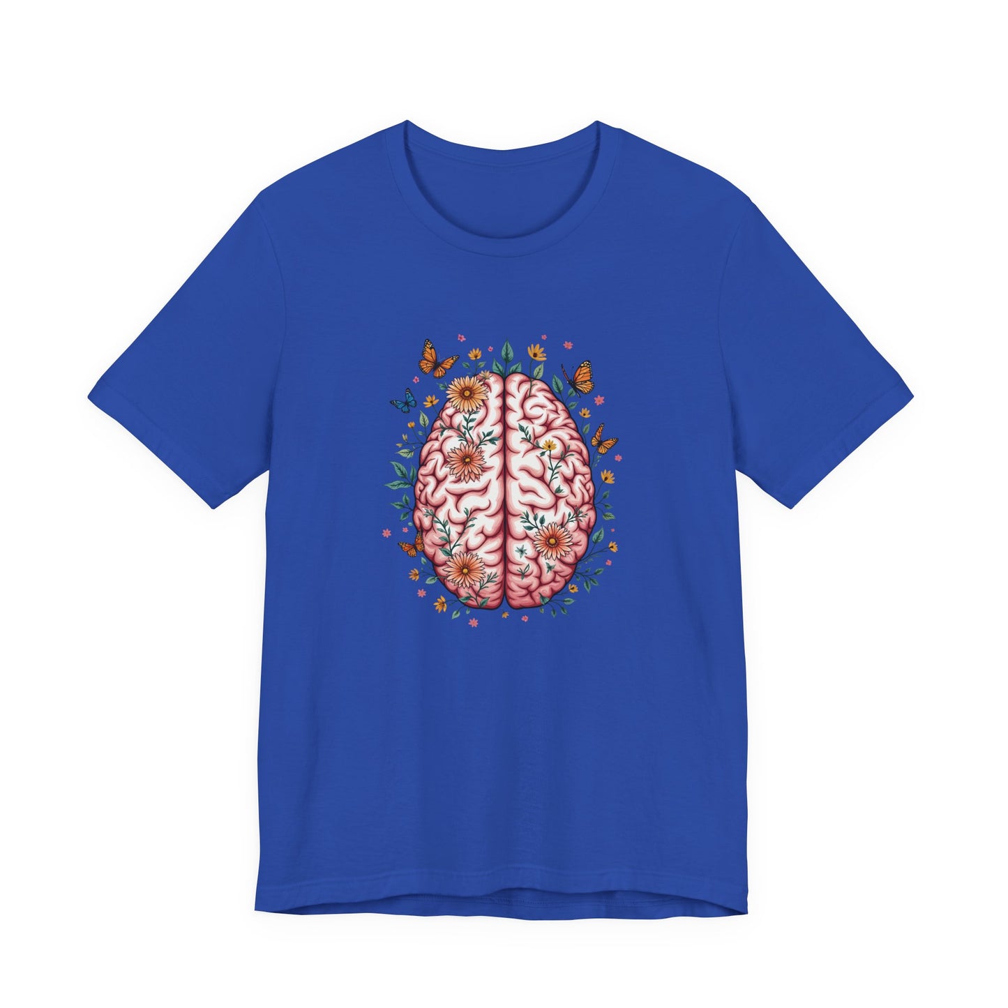 Human Brain with Flowers and Butterflies Tshirt – Artistic Floral Brain Graphic