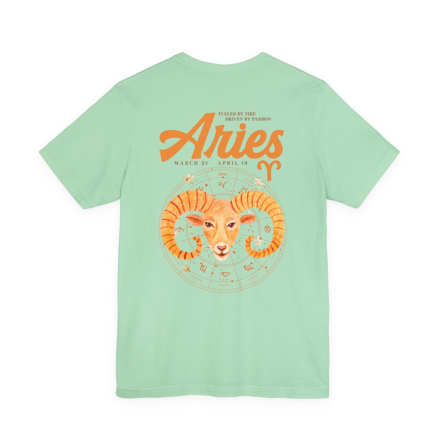 Aries Fueled by Fire T-Shirt – Ram Head with Zodiac Astrological Wheel