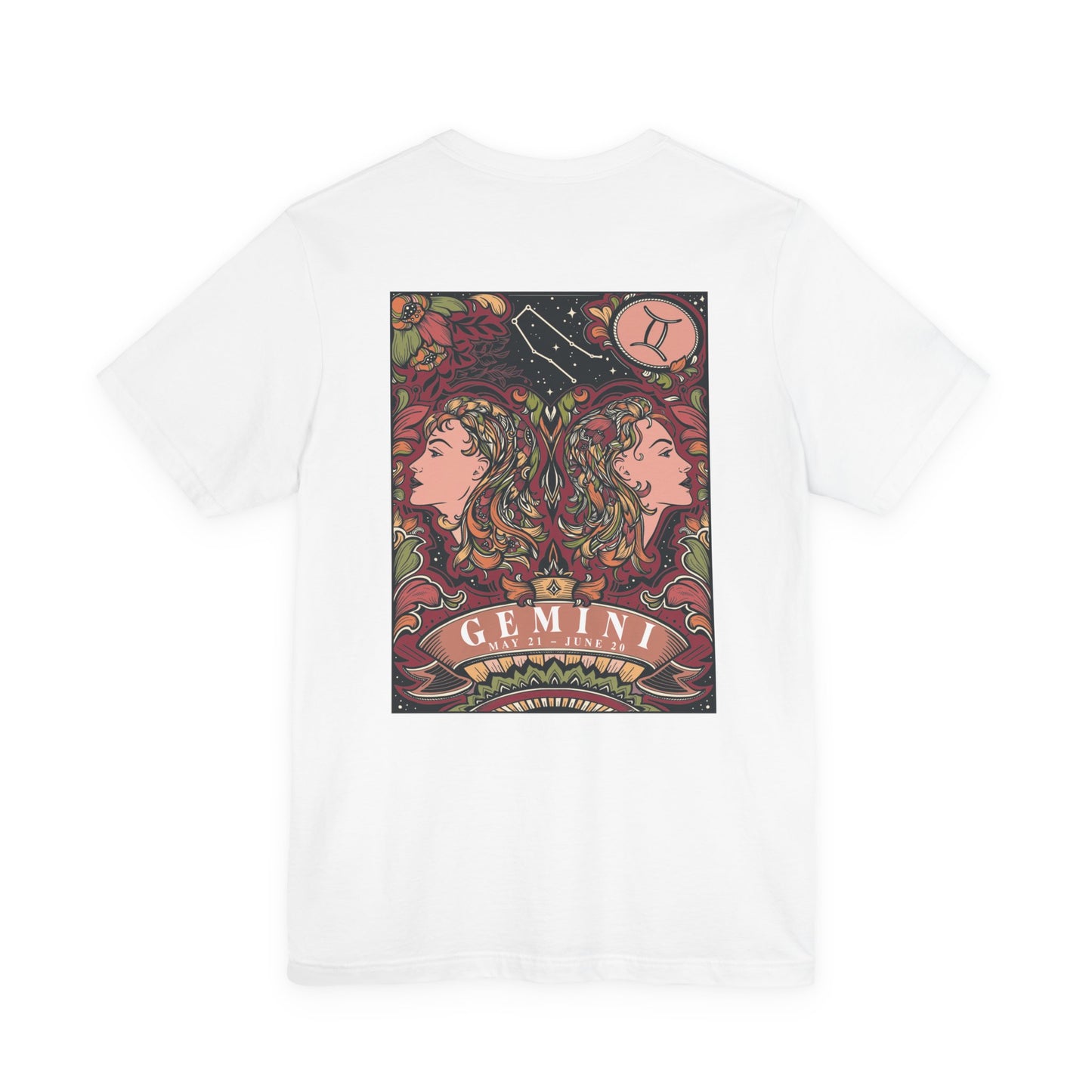 Gemini Zodiac T-Shirt – Ornate Twins with Constellation and Floral Design