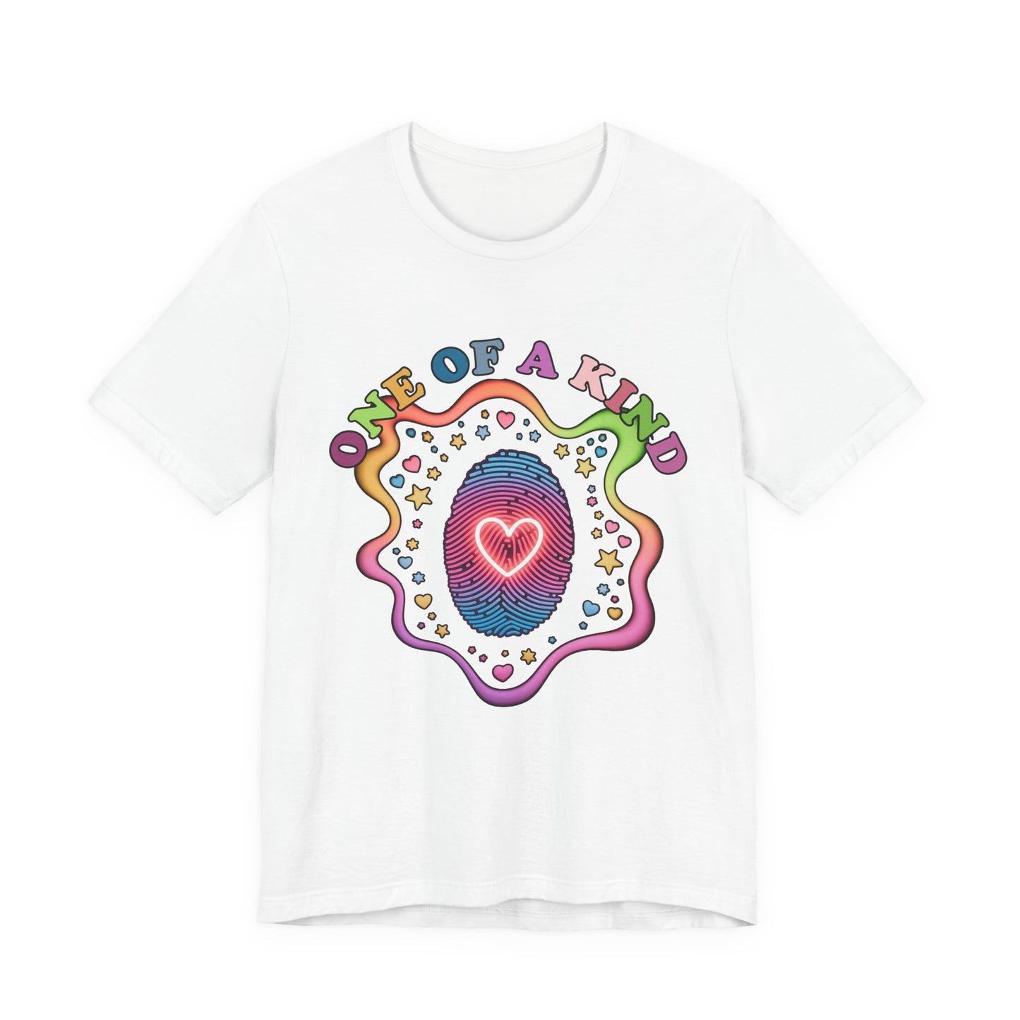 One of a Kind – Embrace Your Uniqueness Colorful Abstract Embryo with Fingerprint & Glowing Heart Graphic T-Shirt