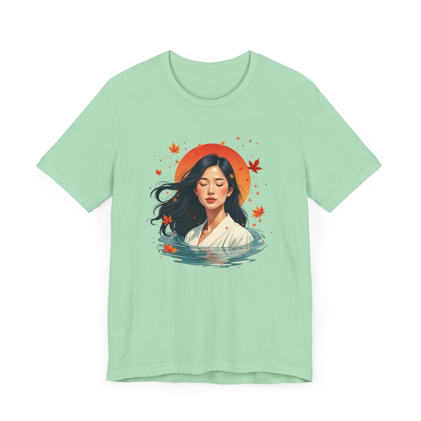 Serene Woman in White Dress Chest-Deep in Water with Sunset and Falling Leaves Graphic T-Shirt