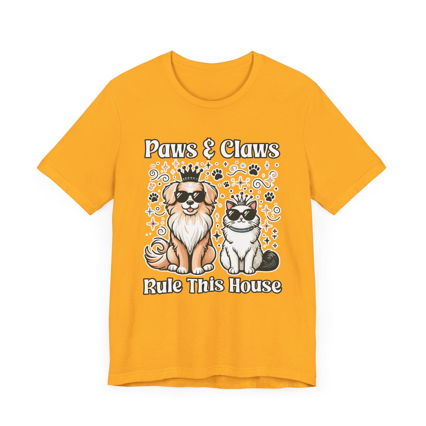 Paws and Claws Rule the House | Smiling Dog & Cat with Paw Shapes T-Shirt