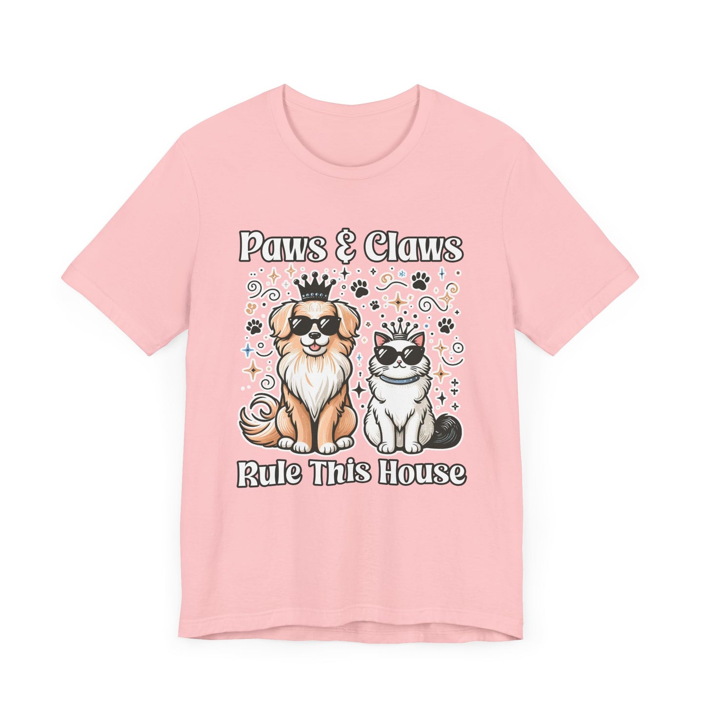 Paws and Claws Rule the House | Smiling Dog & Cat with Paw Shapes T-Shirt
