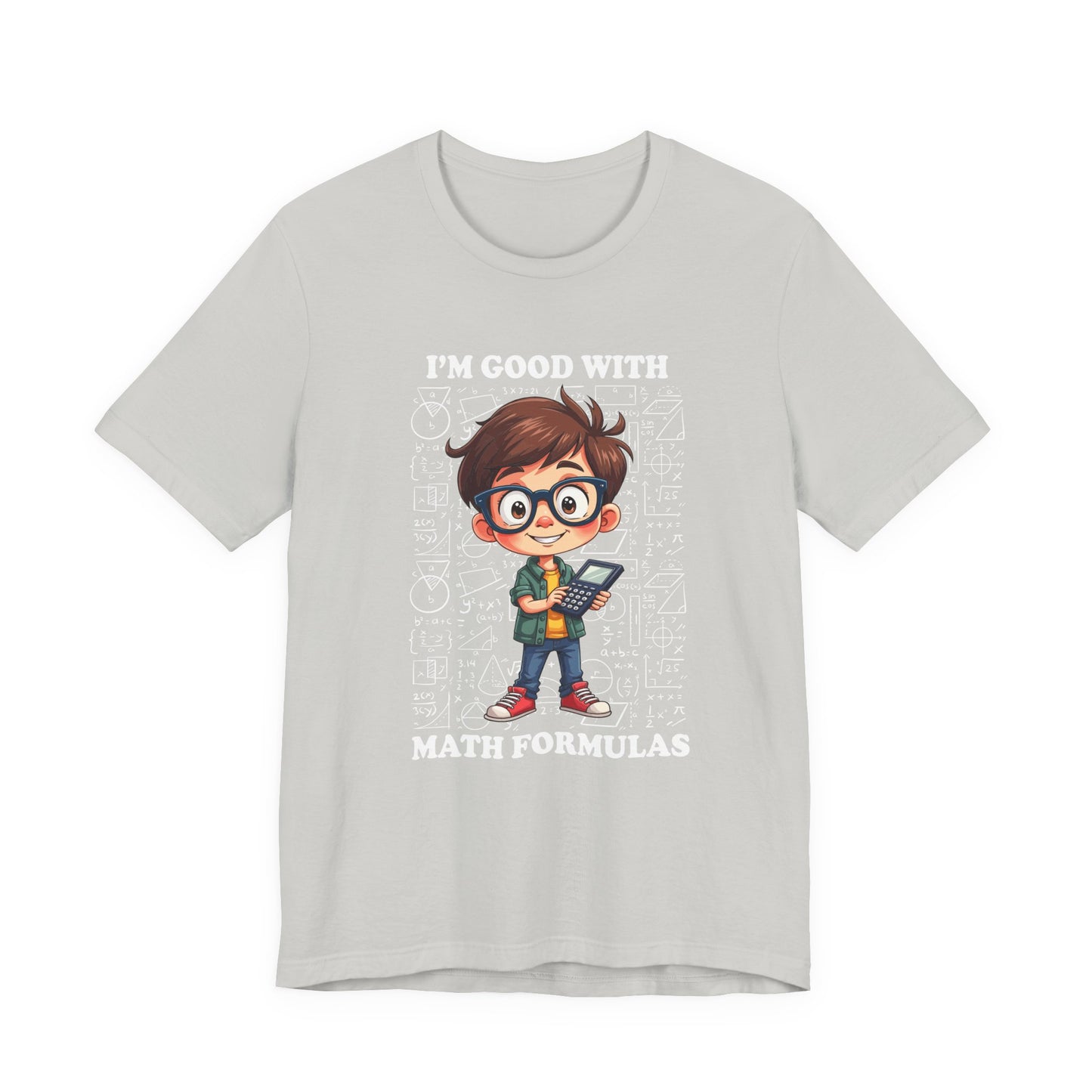 I'm Good with Math Formulas Tshirt – Happy Boy with Calculator and Math Diagrams