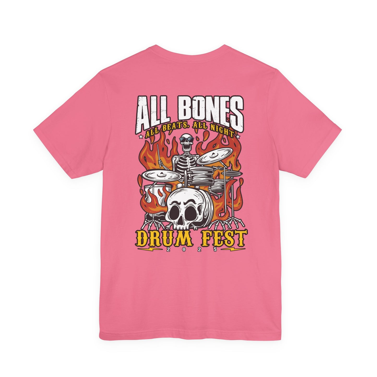 All Bones Drum Fest 2025 T-Shirt – Skeleton Drummer Fiery Rock Design