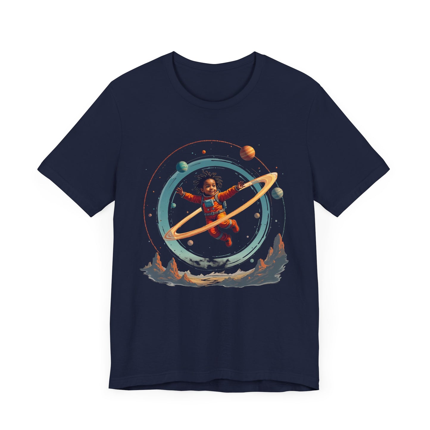 Toddler Flying in Spacesuit with Revolving Planets Space Adventure Graphic T-Shirt