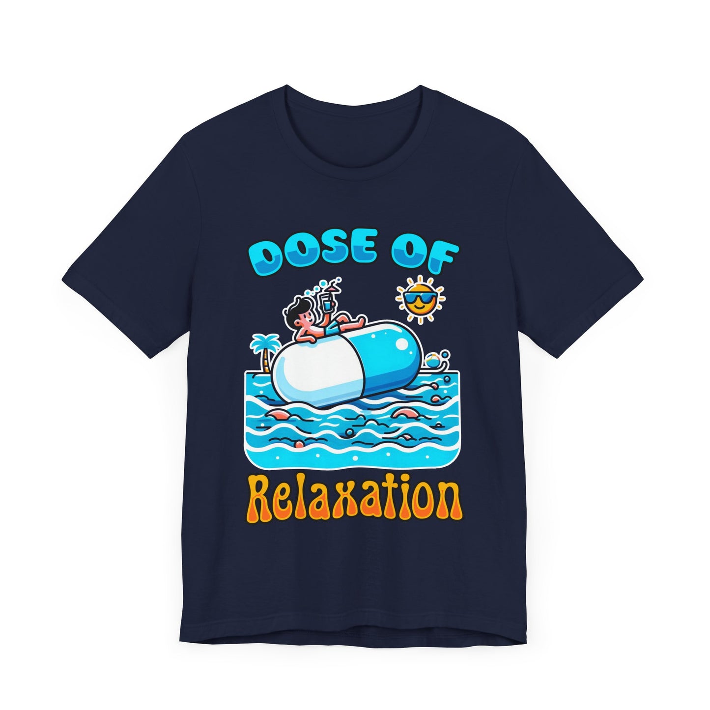 Dose of Relaxation | Boy Sitting on Pill Floating on Water with Drink, Sun & Palm Tree Graphic T-Shirt