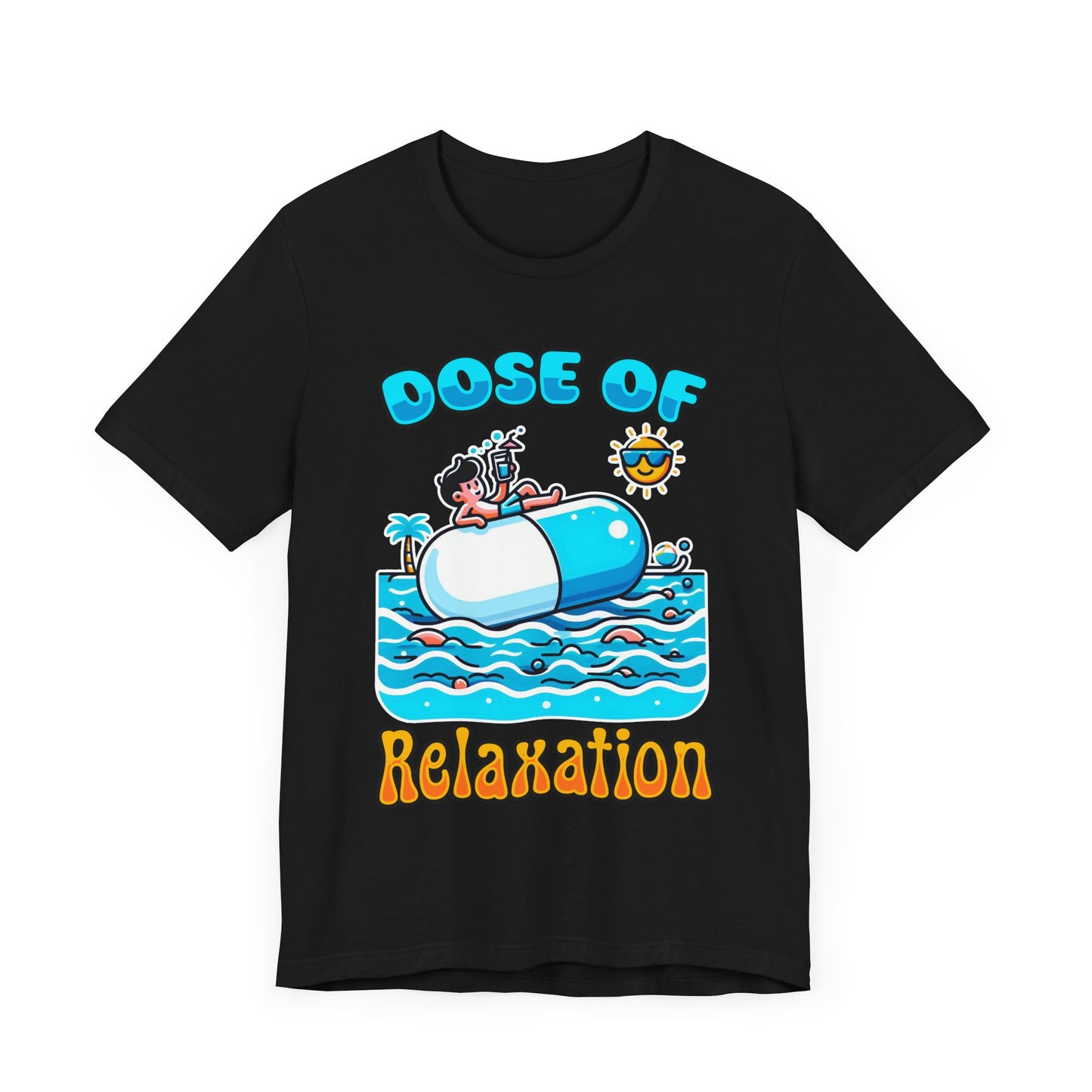 Dose of Relaxation | Boy Sitting on Pill Floating on Water with Drink, Sun & Palm Tree Graphic T-Shirt