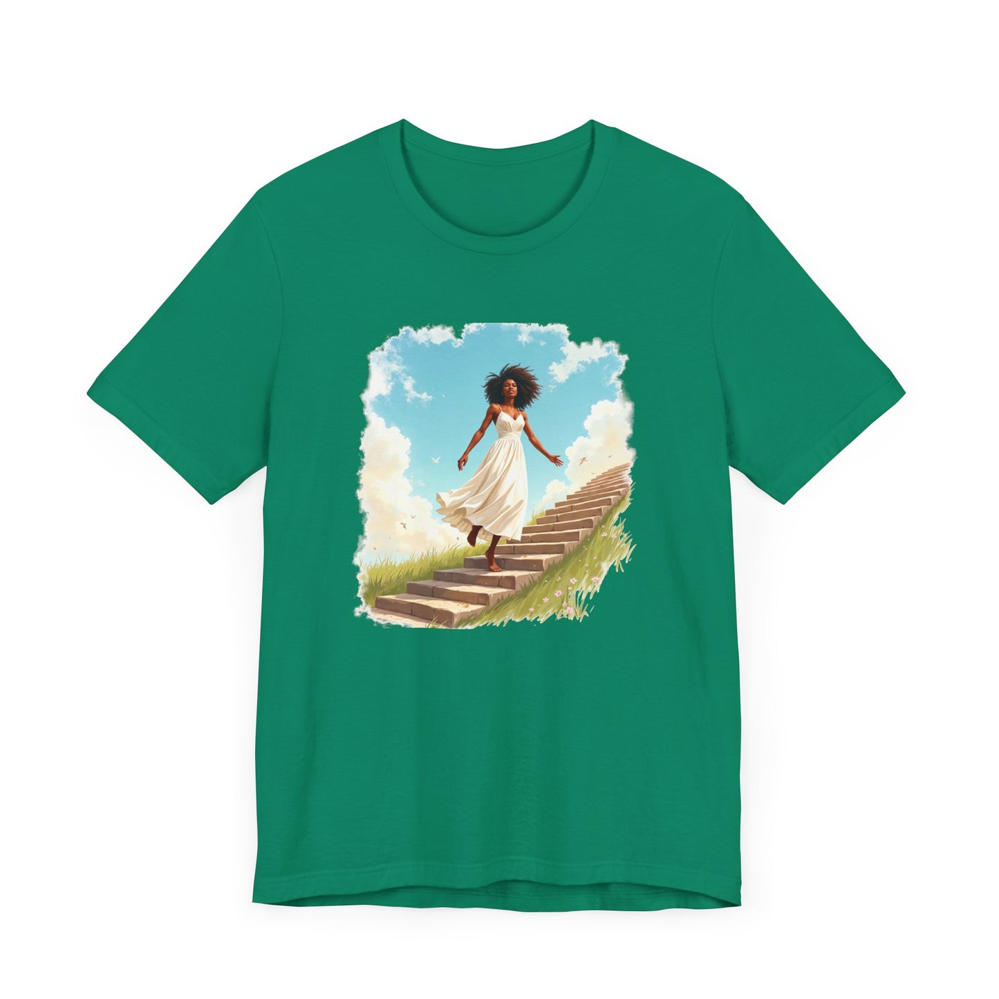 Graceful Woman in White Dress Walking on Stairs – Blue Sky & Green Ground Graphic T-Shirt