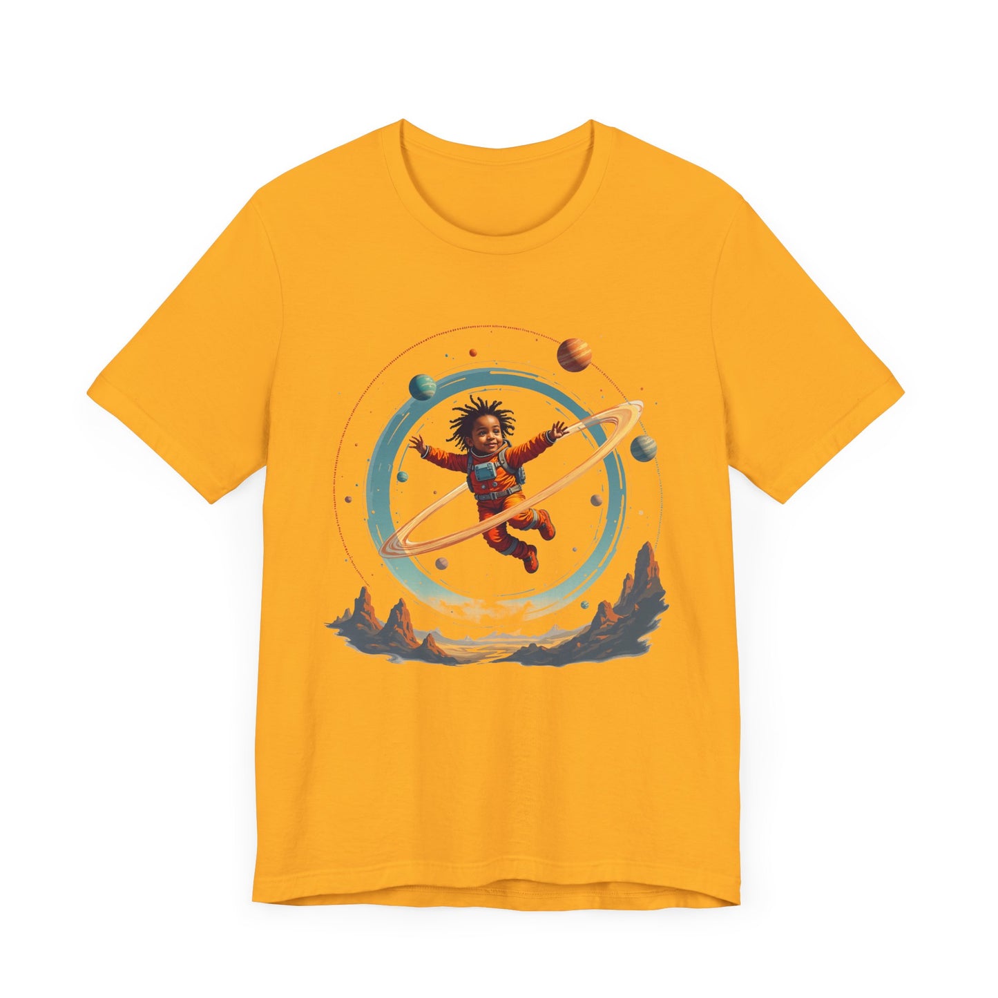 Toddler Flying in Spacesuit with Revolving Planets Space Adventure Graphic T-Shirt