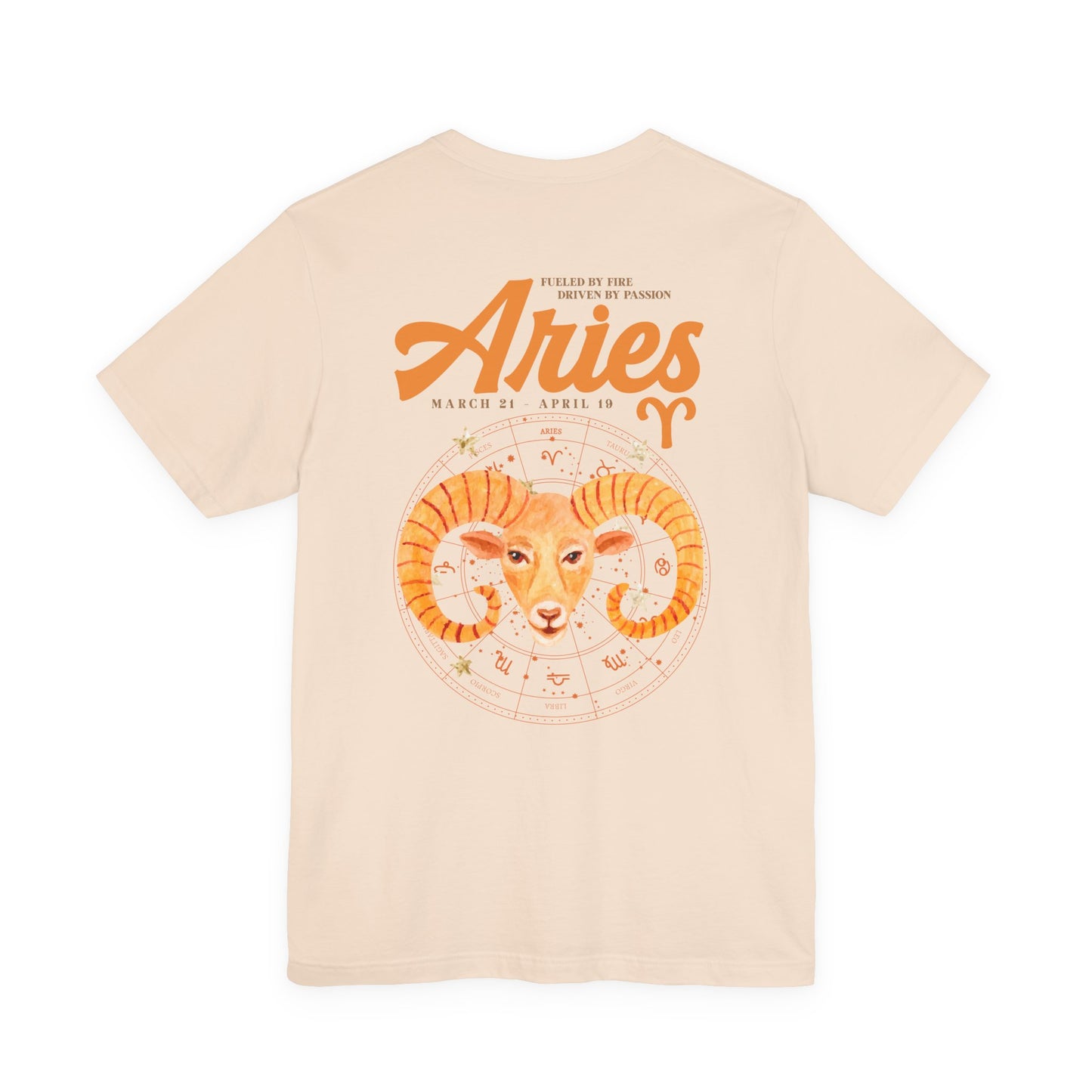 Aries Fueled by Fire T-Shirt – Ram Head with Zodiac Astrological Wheel