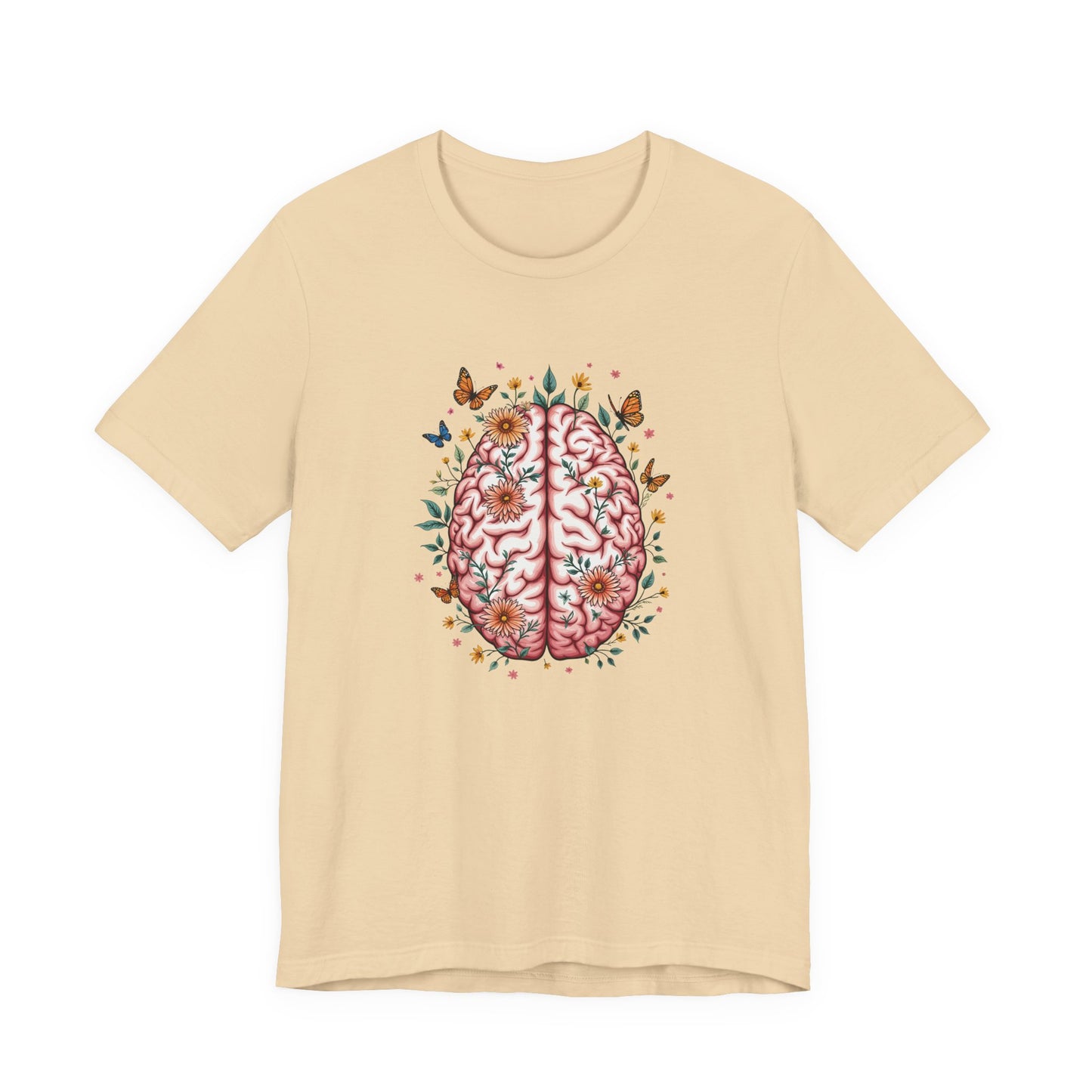 Human Brain with Flowers and Butterflies Tshirt – Artistic Floral Brain Graphic