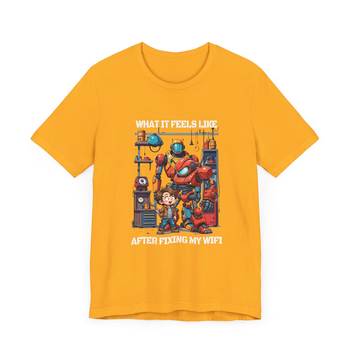 What It Feels Like After Fixing My WIFI – Joyful Boy with Tools Graphic T-Shirt