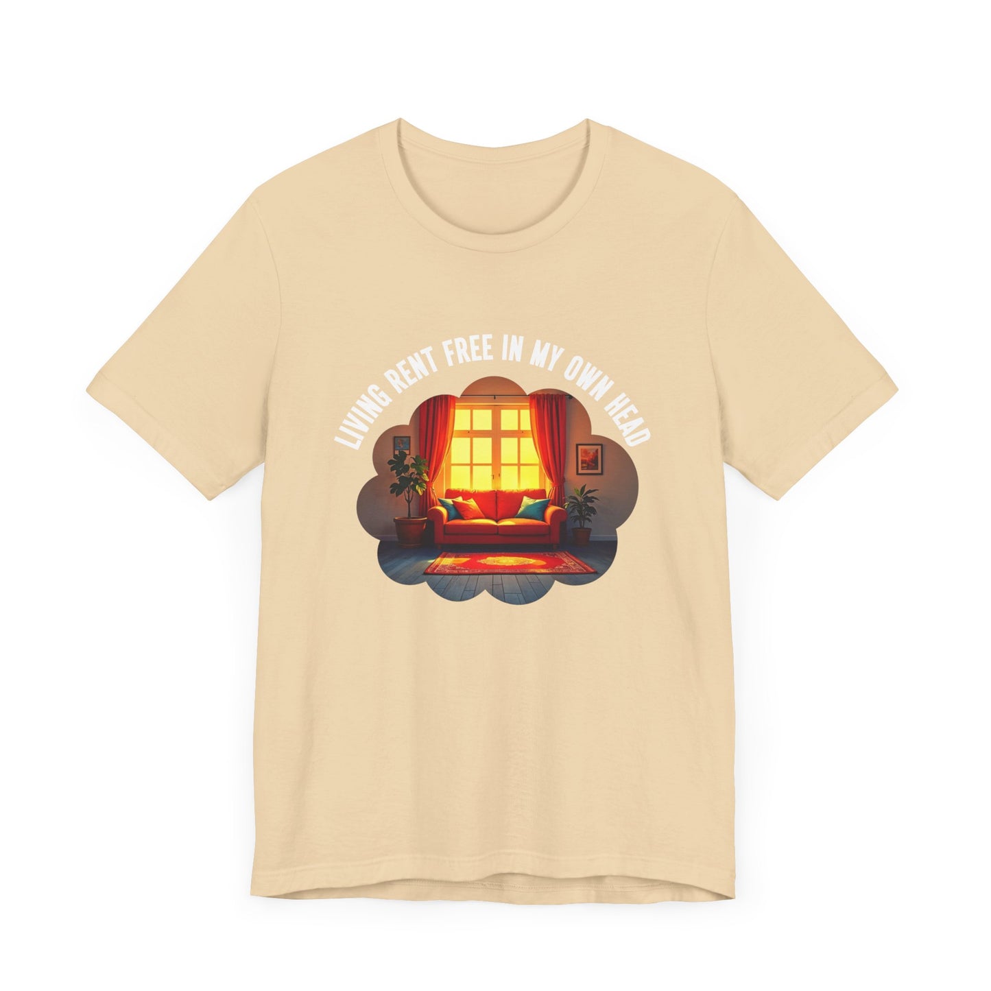 Living Rent Free in My Own Head – Cozy Living Room with Sofa & Sunlit Window Graphic T-Shirt