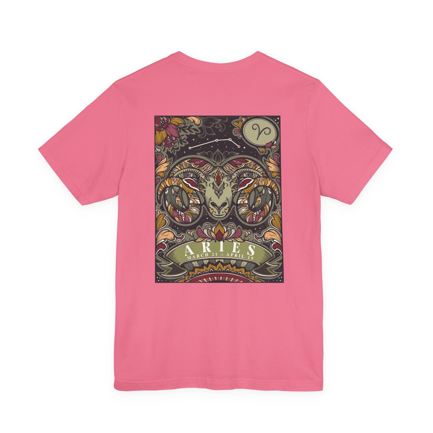 Aries Zodiac T-Shirt – Ram Head with Constellation and Floral Background