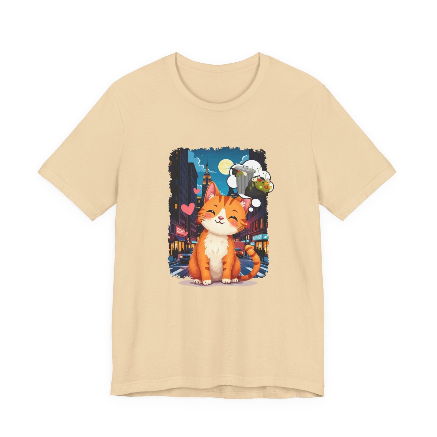City Cat Dreams – Happy Orange Cat with Urban Garbage Thought Bubble Graphic T-Shirt