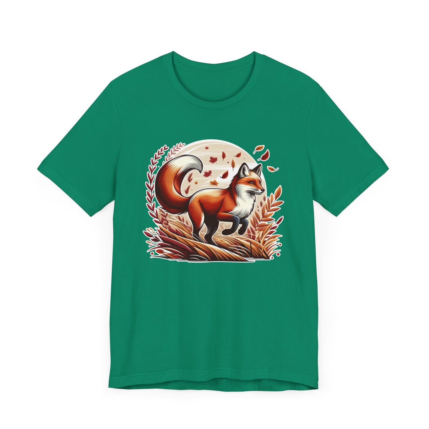 Grace and Agility - Elegant Fox Leaping in Grain Field with Flying Leaves Graphic T-Shirt