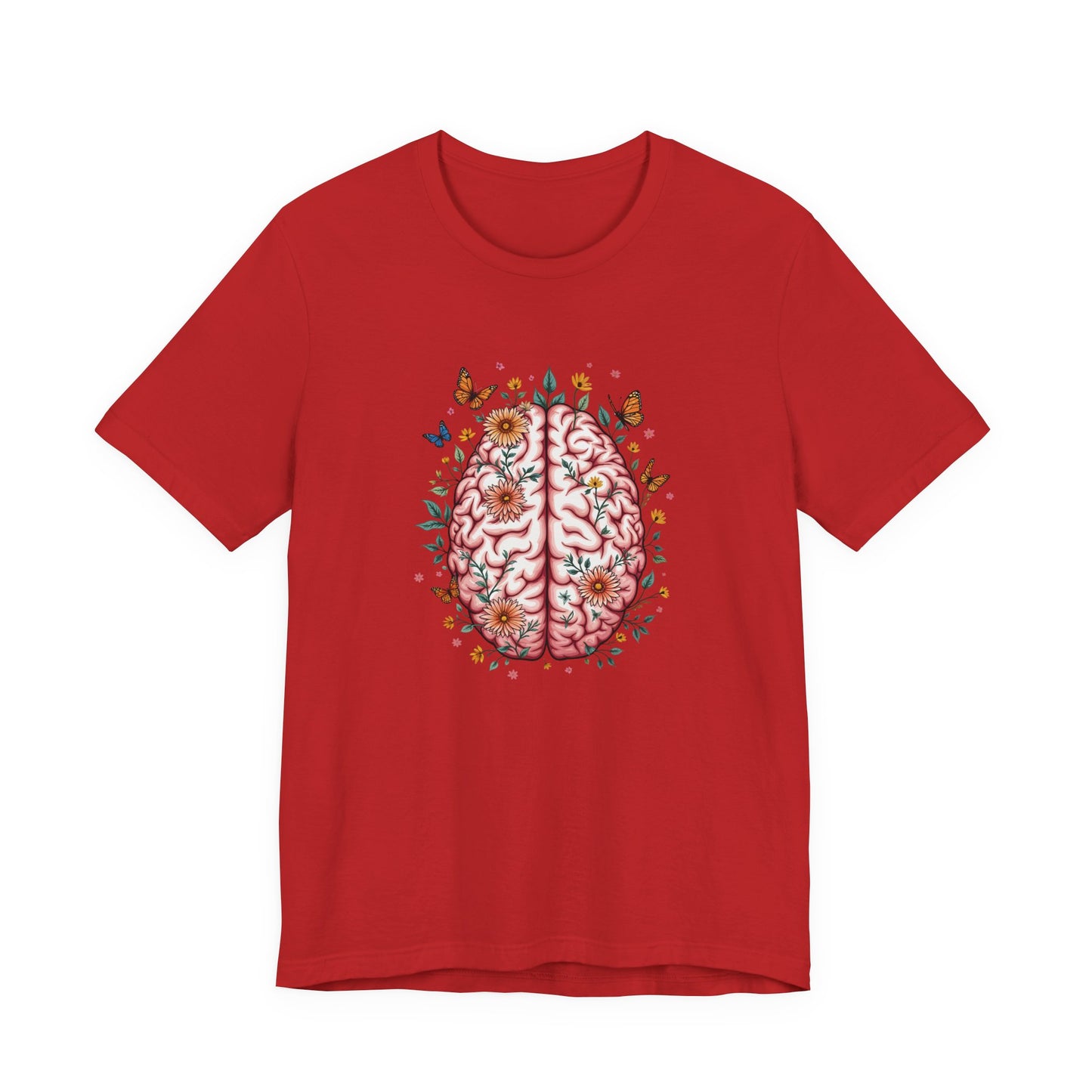 Human Brain with Flowers and Butterflies Tshirt – Artistic Floral Brain Graphic