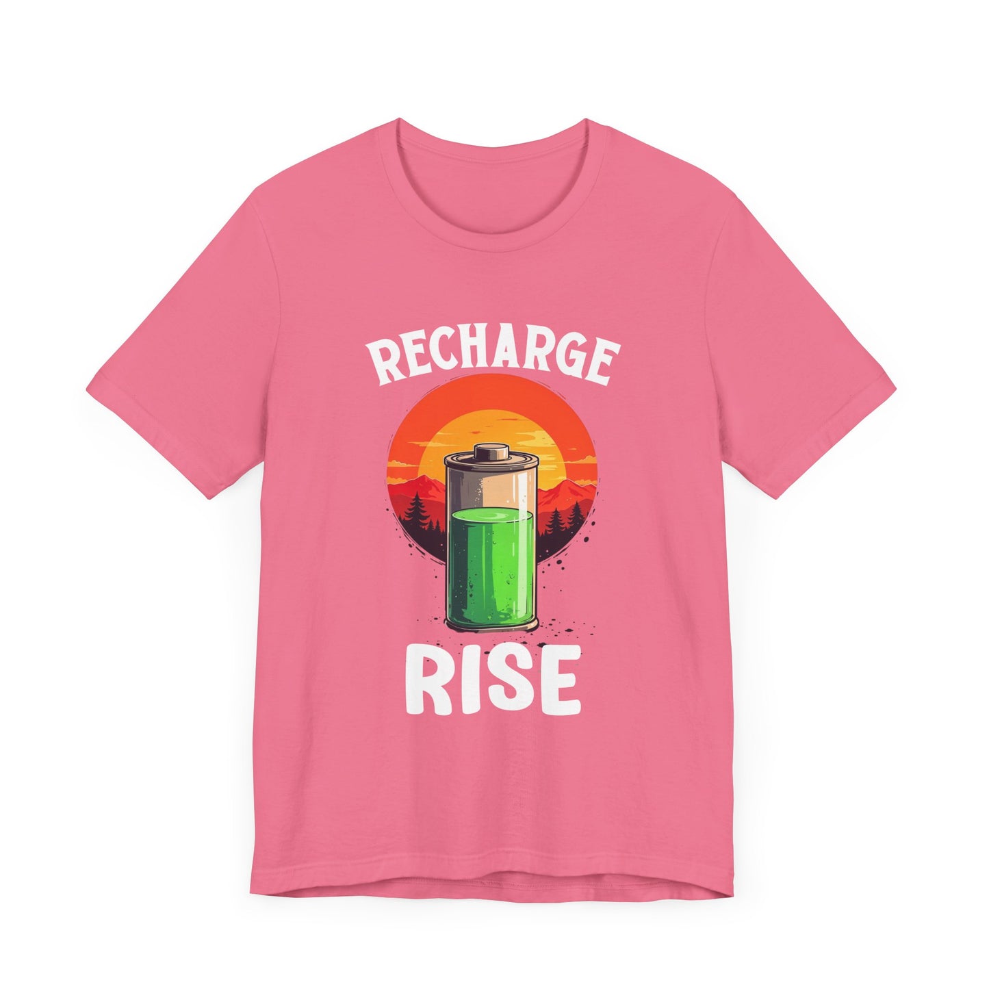 Recharge and Rise T-Shirt – Motivational Battery and Sunrise Graphic Tee