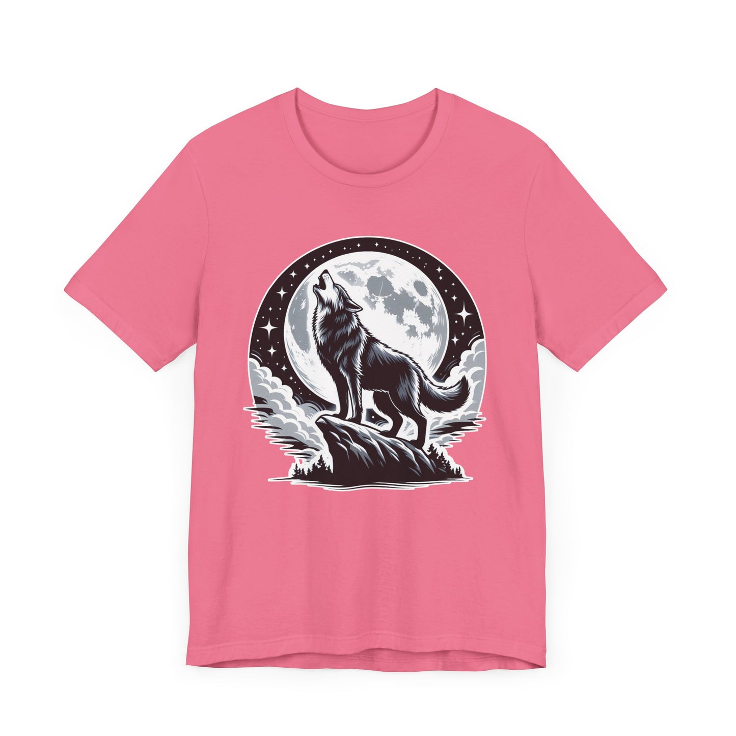 Mystical and Wild - Wolf Howling on Mountain Edge with Full Moon and Stars Graphic T-Shirt