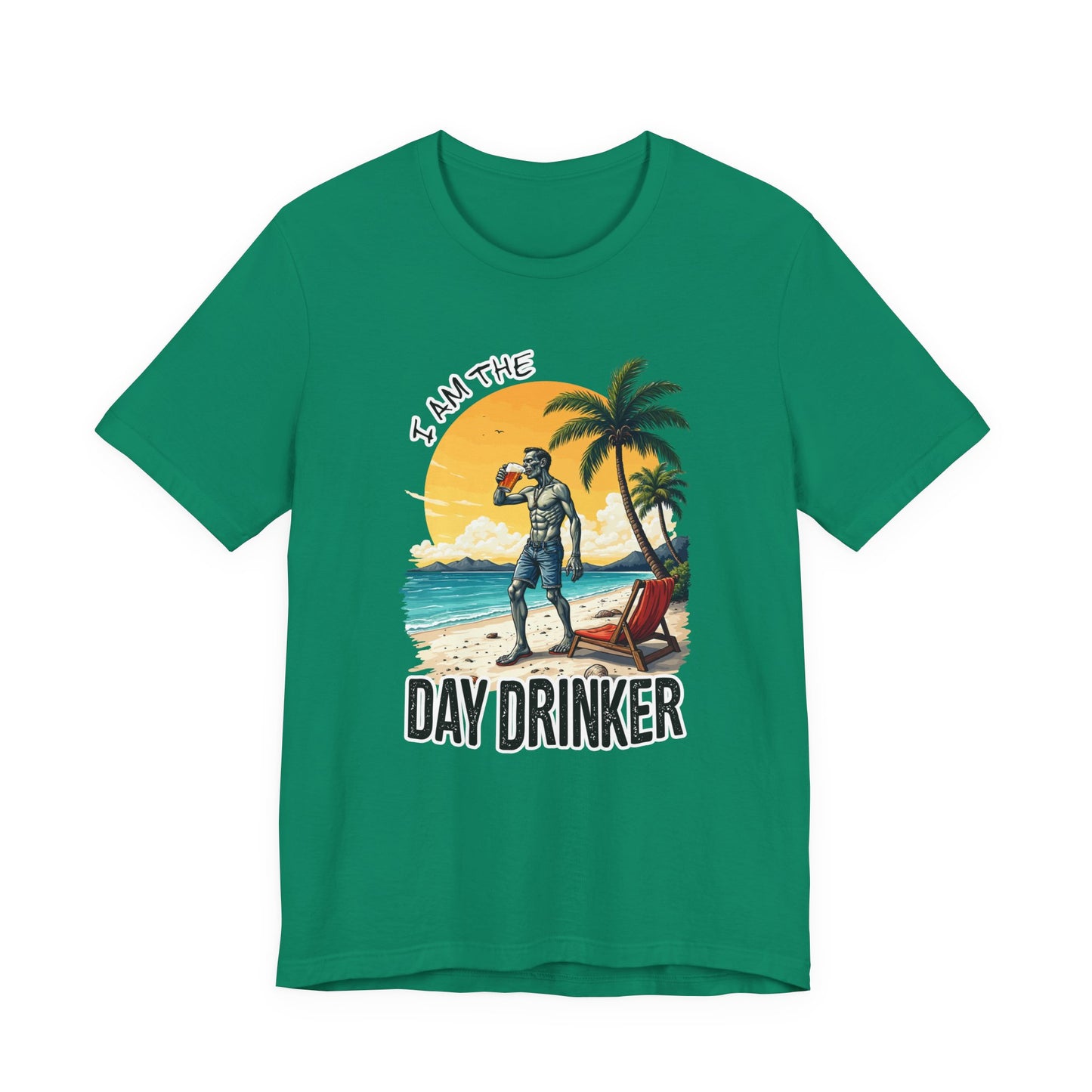 I am the Day Drinker Tshirt Zombie Beach Man with Beer, Shorts, Flip Flop & Reclining Chair