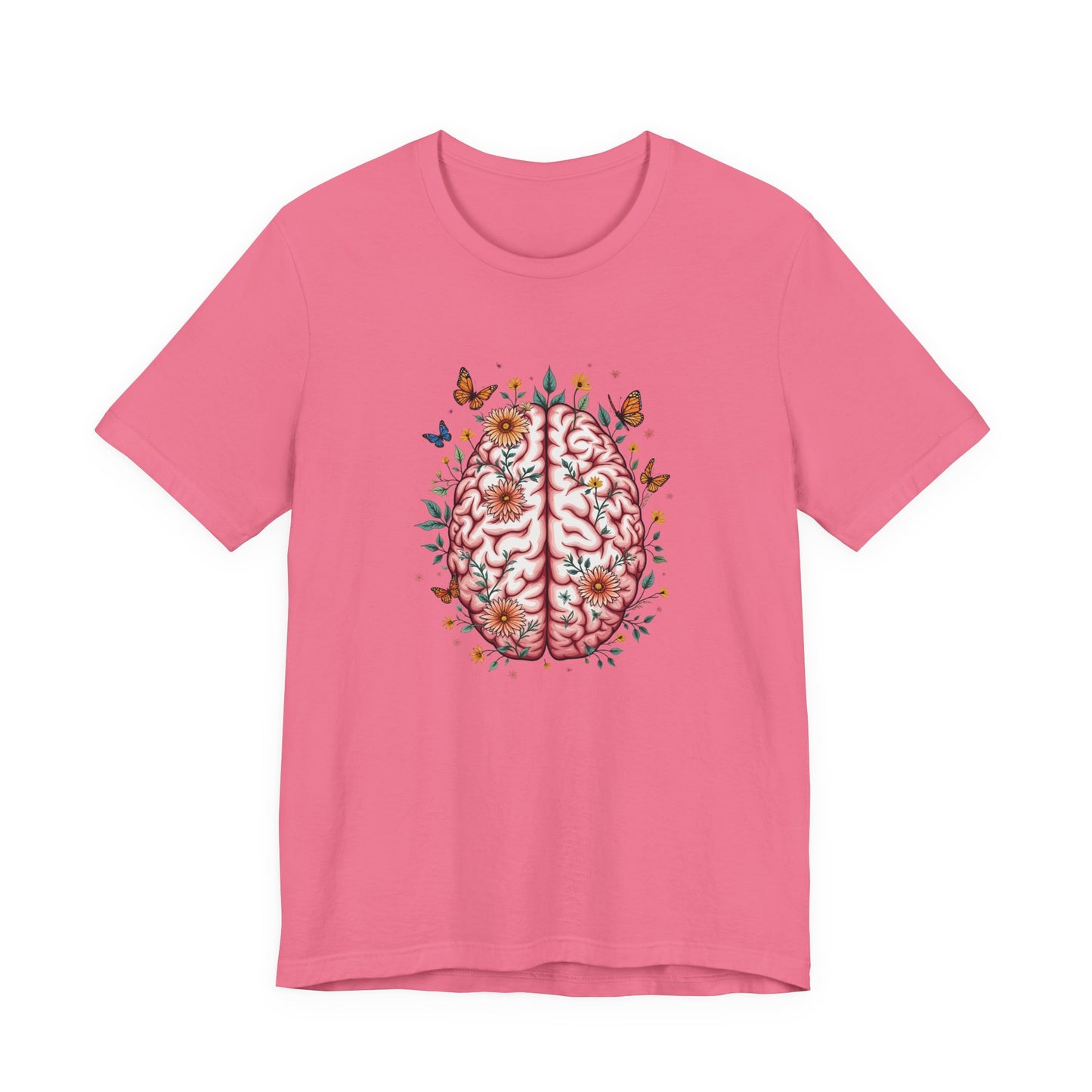 Human Brain with Flowers and Butterflies Tshirt – Artistic Floral Brain Graphic
