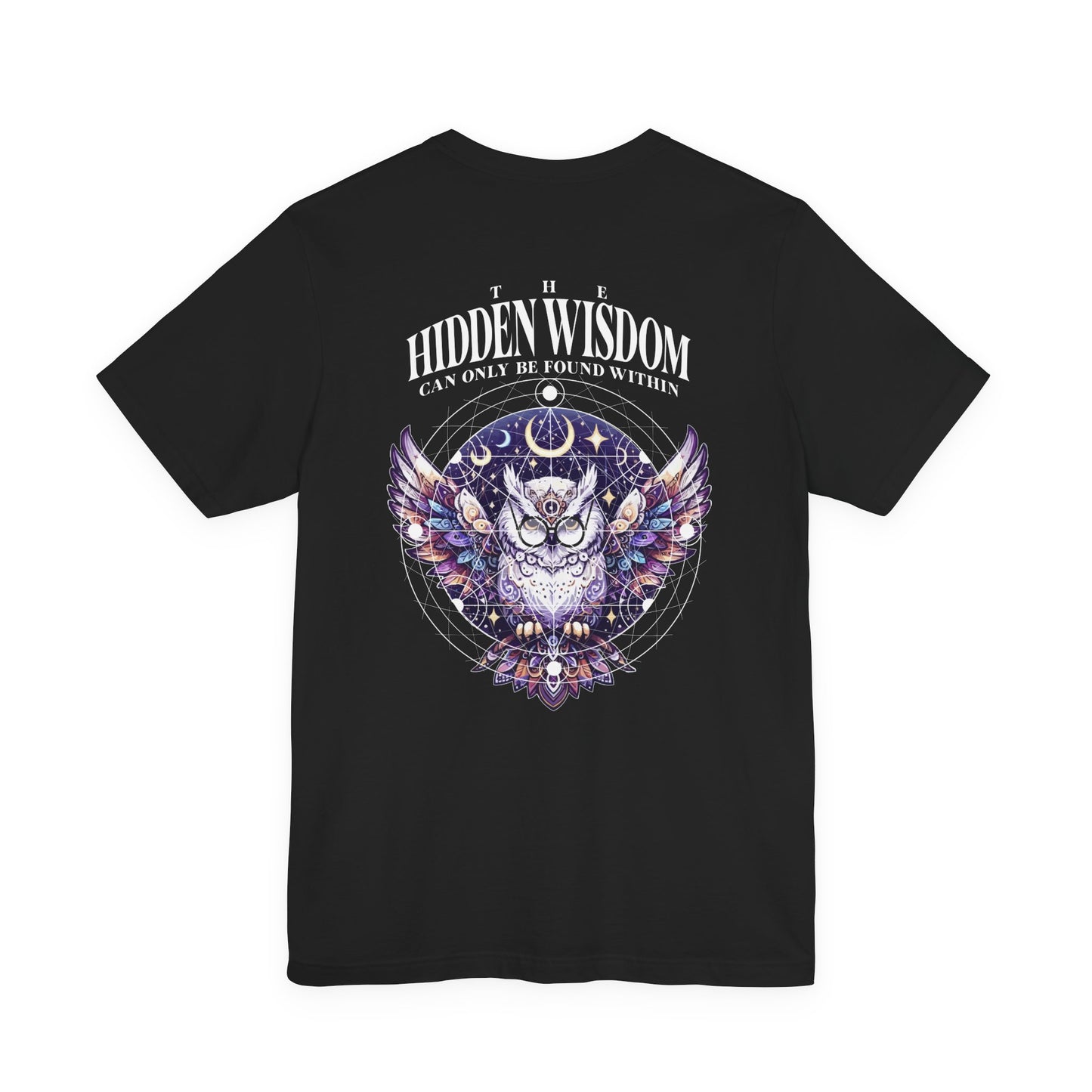 The Hidden Wisdom Within T-Shirt – Vibrant Flying Owl with Geometric Lines