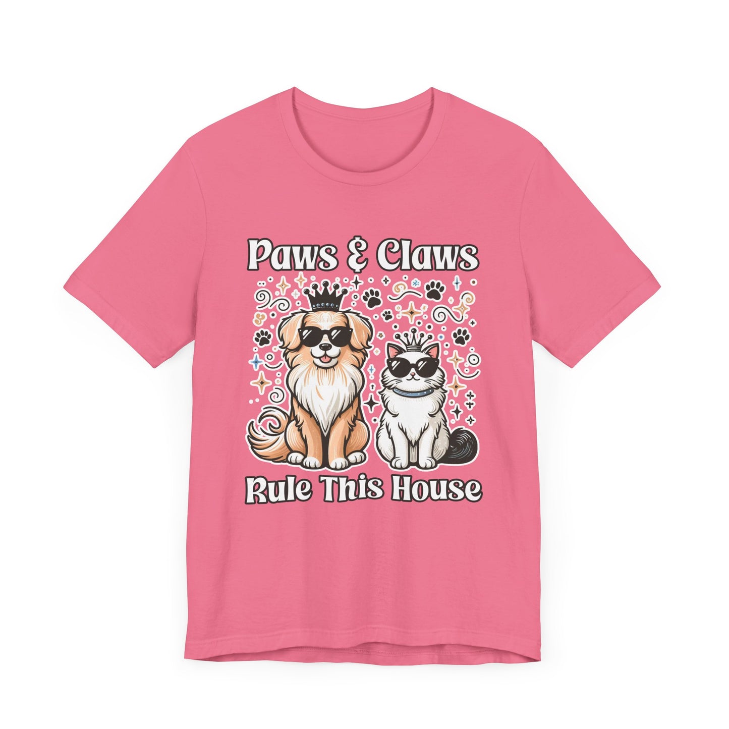 Paws and Claws Rule the House | Smiling Dog & Cat with Paw Shapes T-Shirt