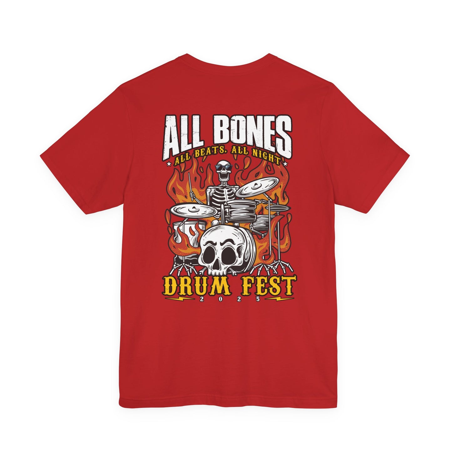 All Bones Drum Fest 2025 T-Shirt – Skeleton Drummer Fiery Rock Design