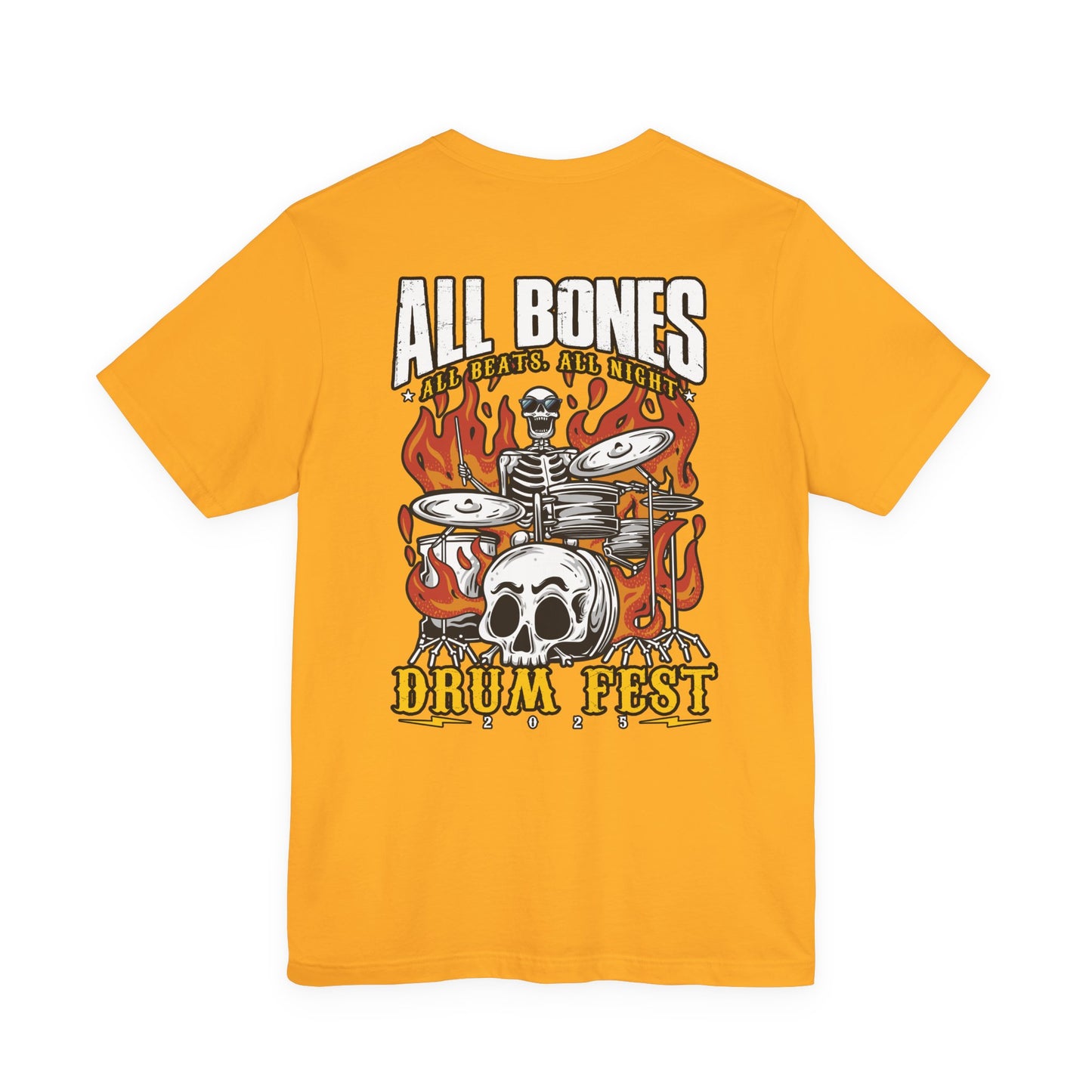All Bones Drum Fest 2025 T-Shirt – Skeleton Drummer Fiery Rock Design