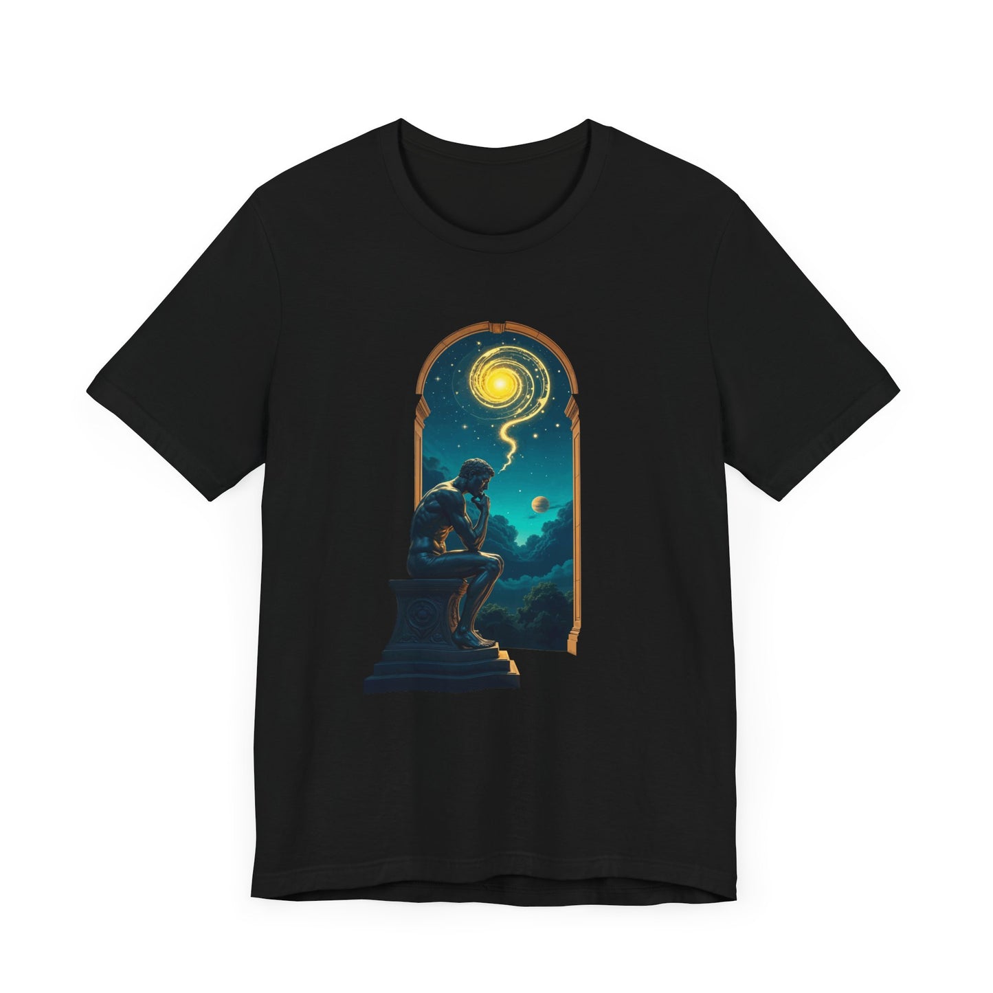 Muscular Statue Deep in Thought on Stage with Scenic Window View Graphic T-Shirt
