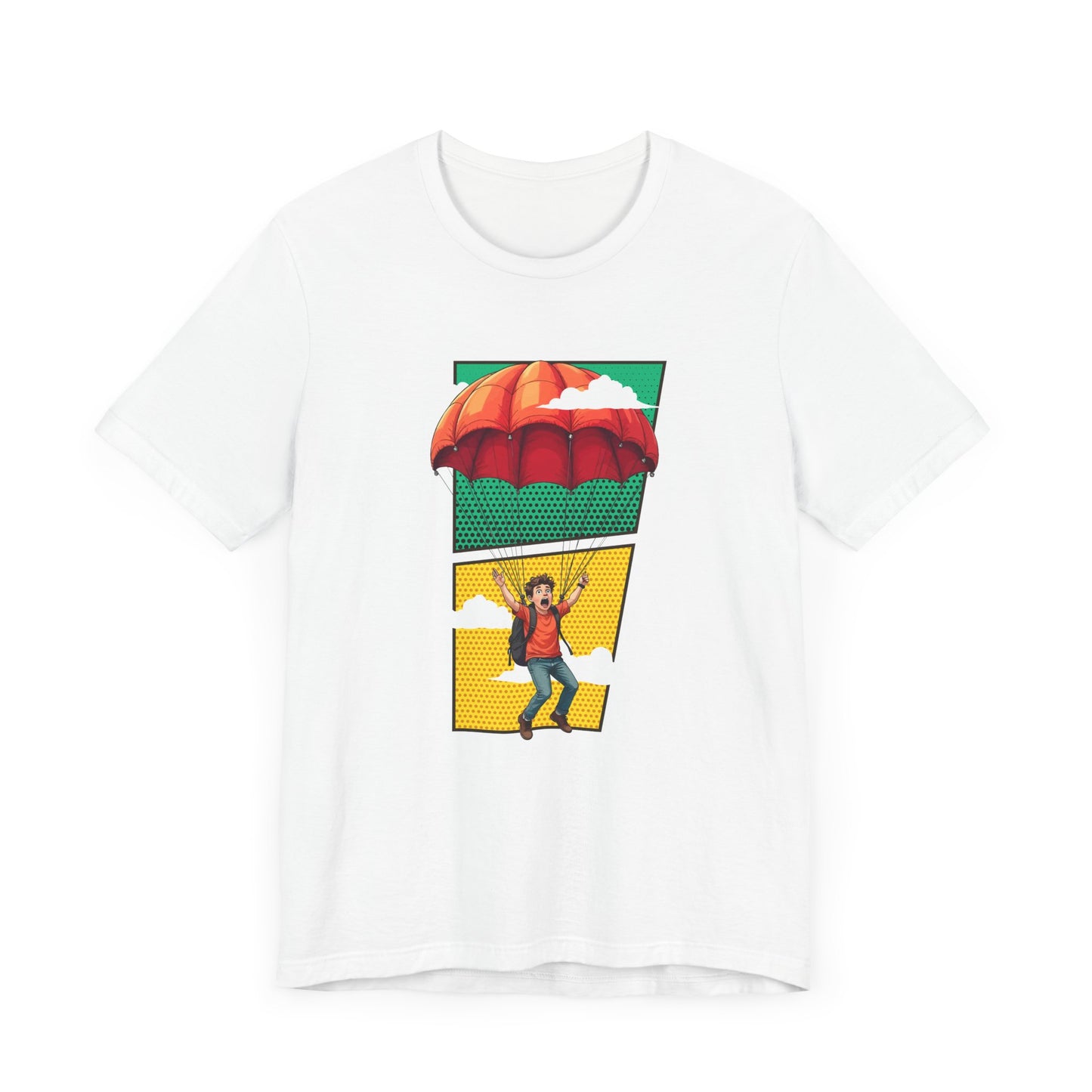 Do it Scared Boy Parachuting Mid-Air with Clouds Background Graphic T-Shirt