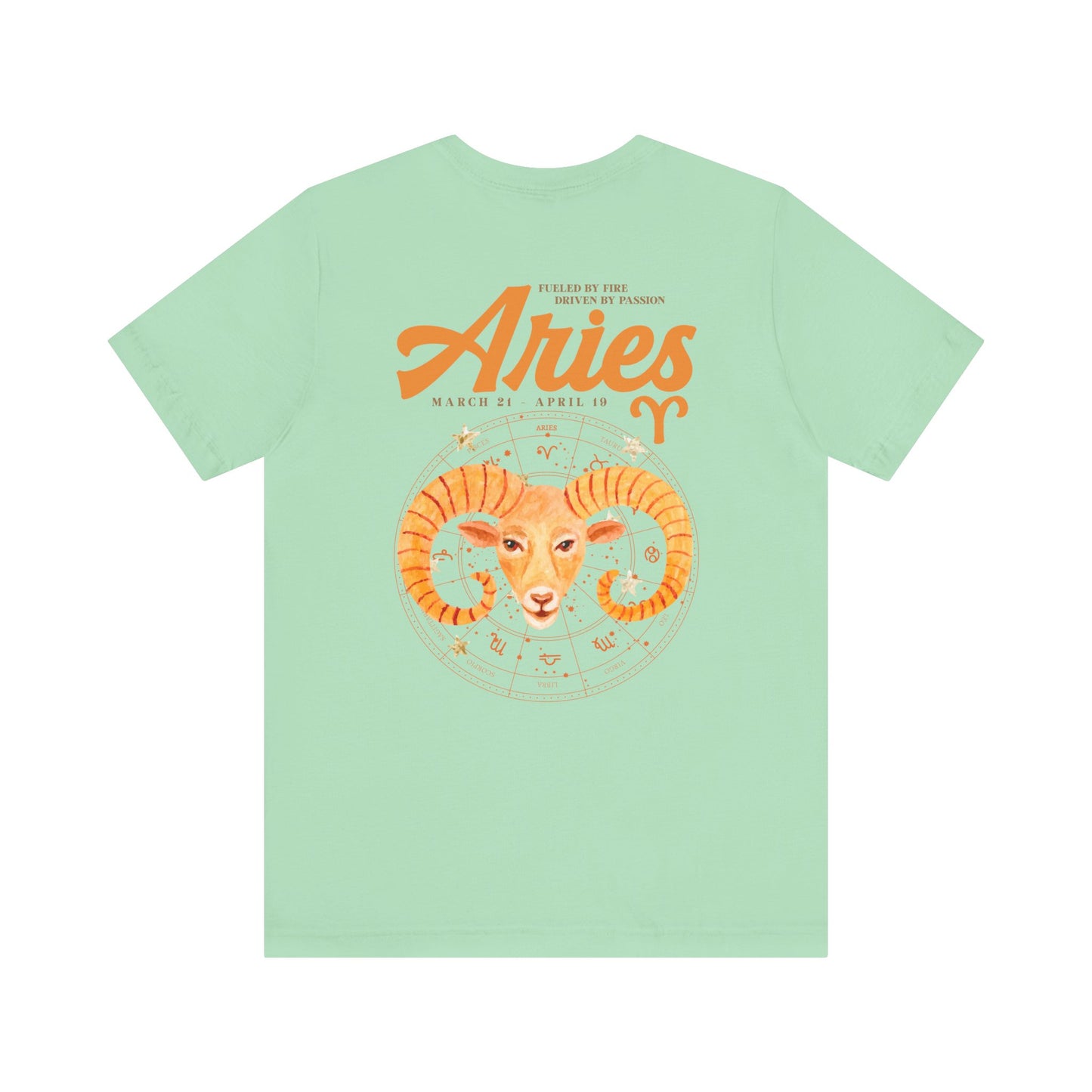 Aries Fueled by Fire T-Shirt – Ram Head with Zodiac Astrological Wheel