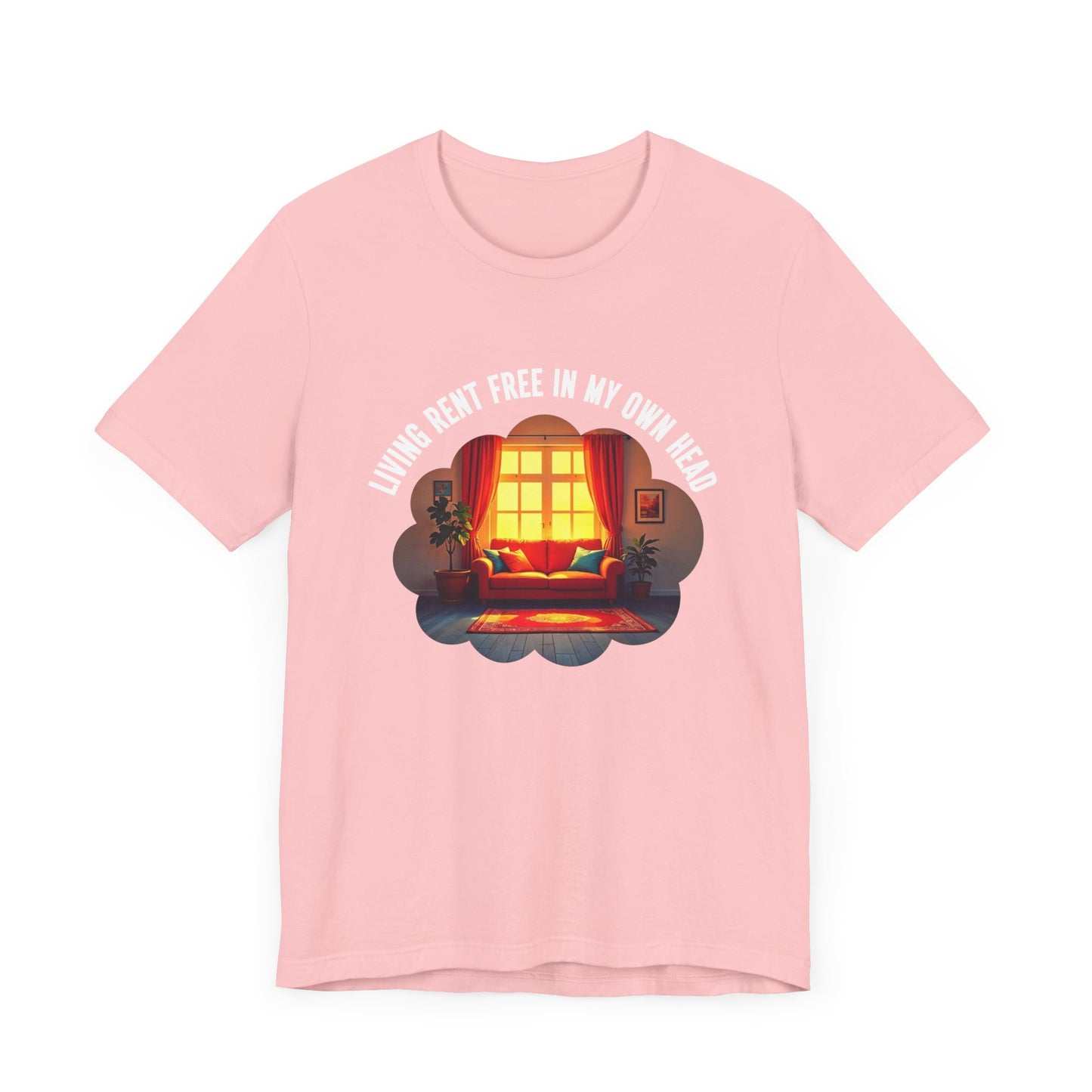 Living Rent Free in My Own Head – Cozy Living Room with Sofa & Sunlit Window Graphic T-Shirt