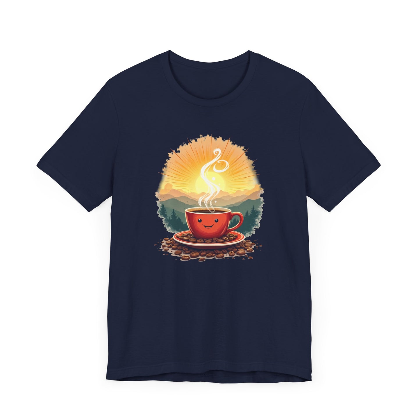 Sunrise Coffee Cup with Coffee Beans and Radiant Morning Glow Graphic T-Shirt
