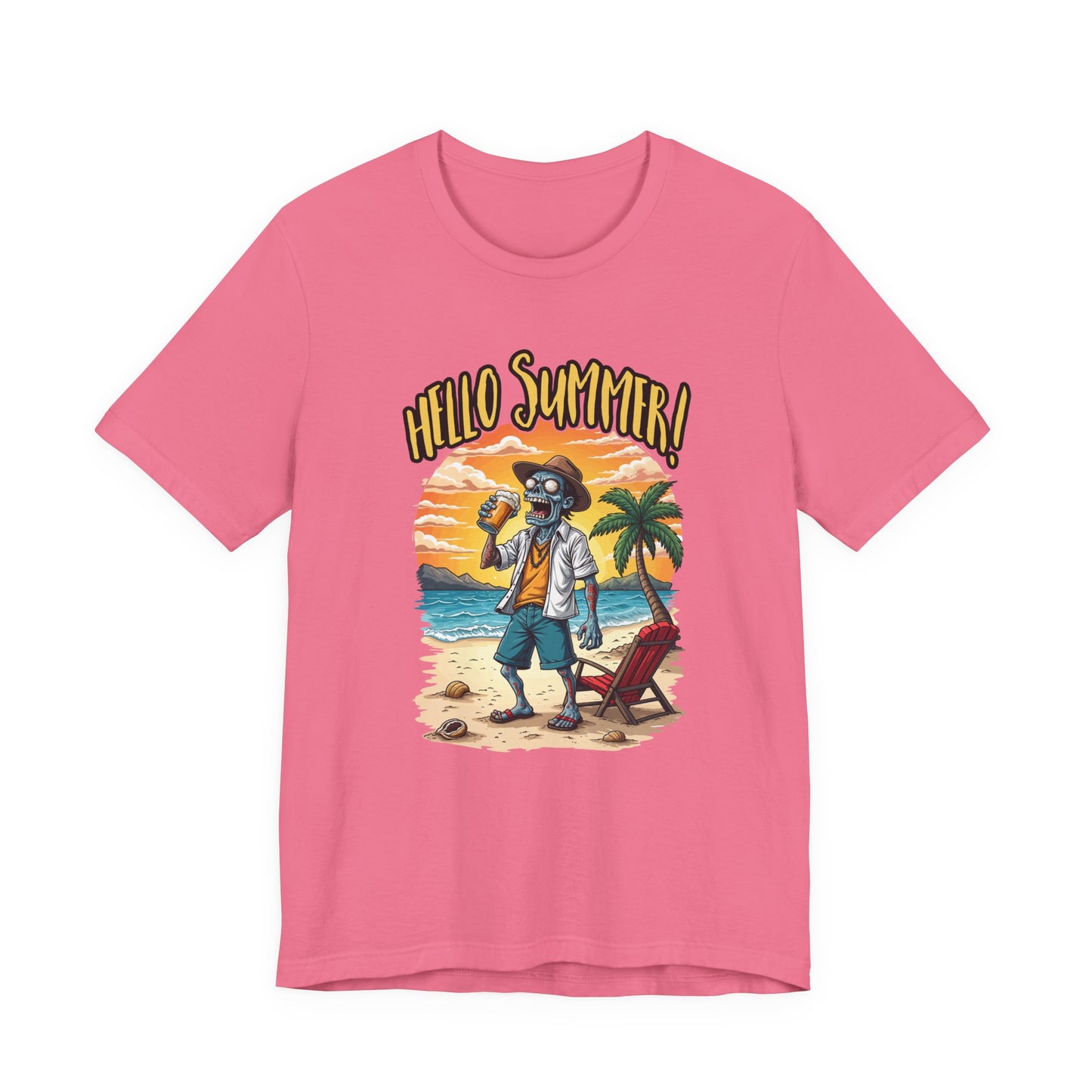 Hello Summer Tshirt Old Zombie with Cap, Beer Glass, Beach, Palm Trees & Reclining Chair