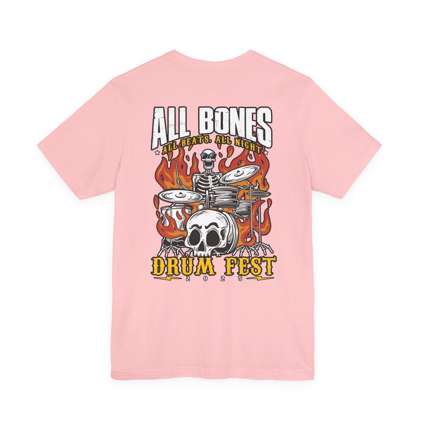 All Bones Drum Fest 2025 T-Shirt – Skeleton Drummer Fiery Rock Design