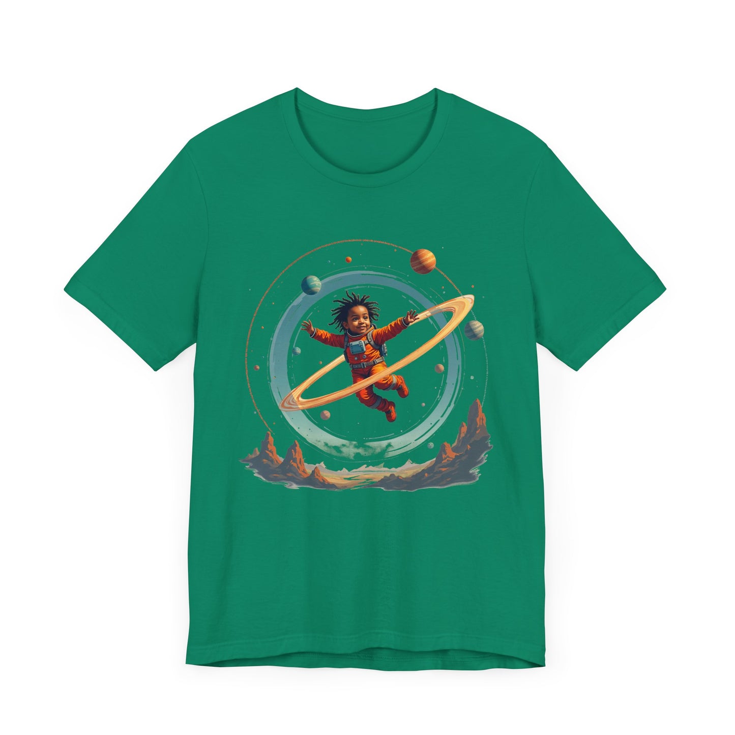 Toddler Flying in Spacesuit with Revolving Planets Space Adventure Graphic T-Shirt