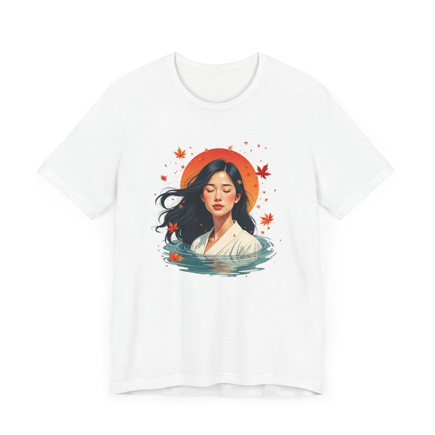 Serene Woman in White Dress Chest-Deep in Water with Sunset and Falling Leaves Graphic T-Shirt