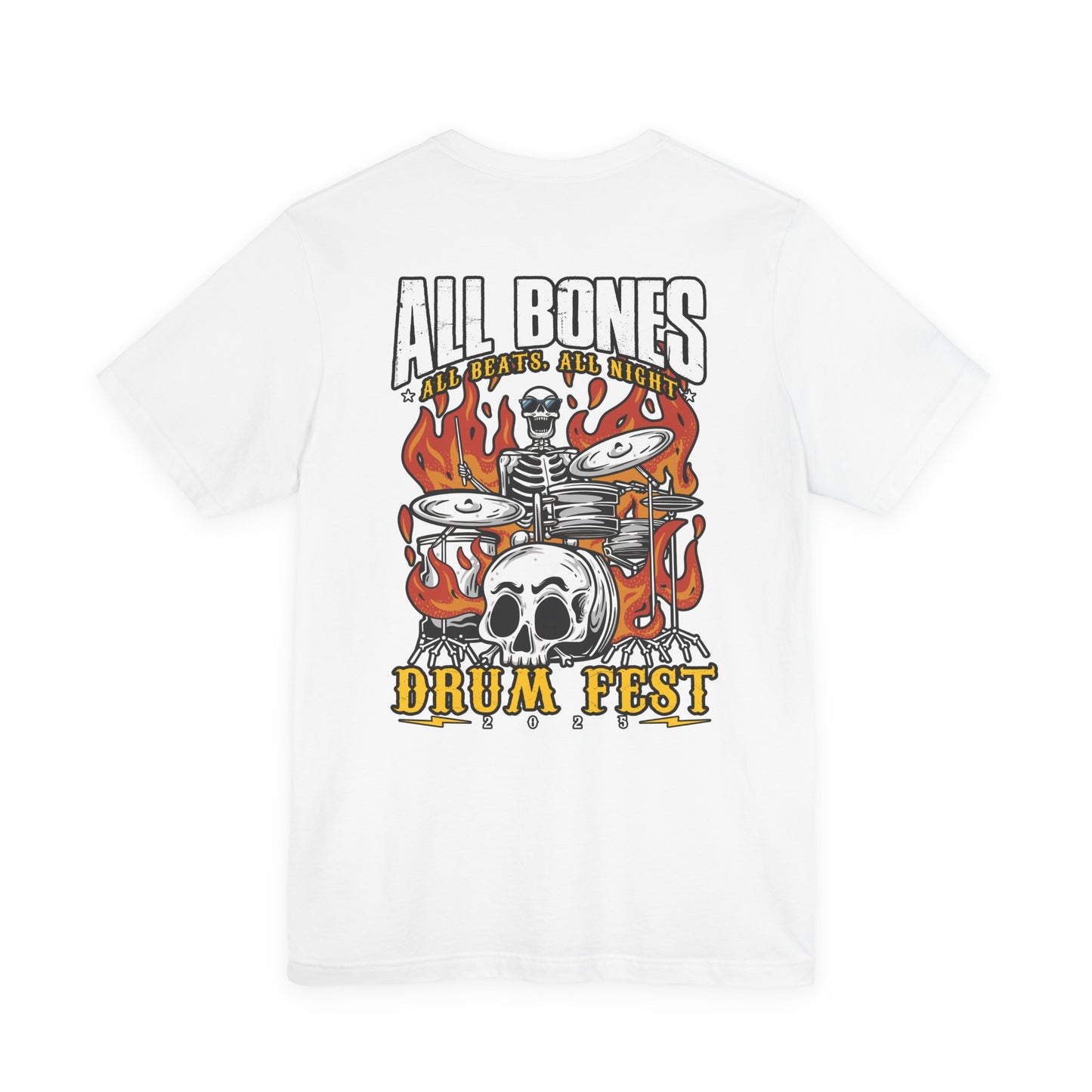All Bones Drum Fest 2025 T-Shirt – Skeleton Drummer Fiery Rock Design