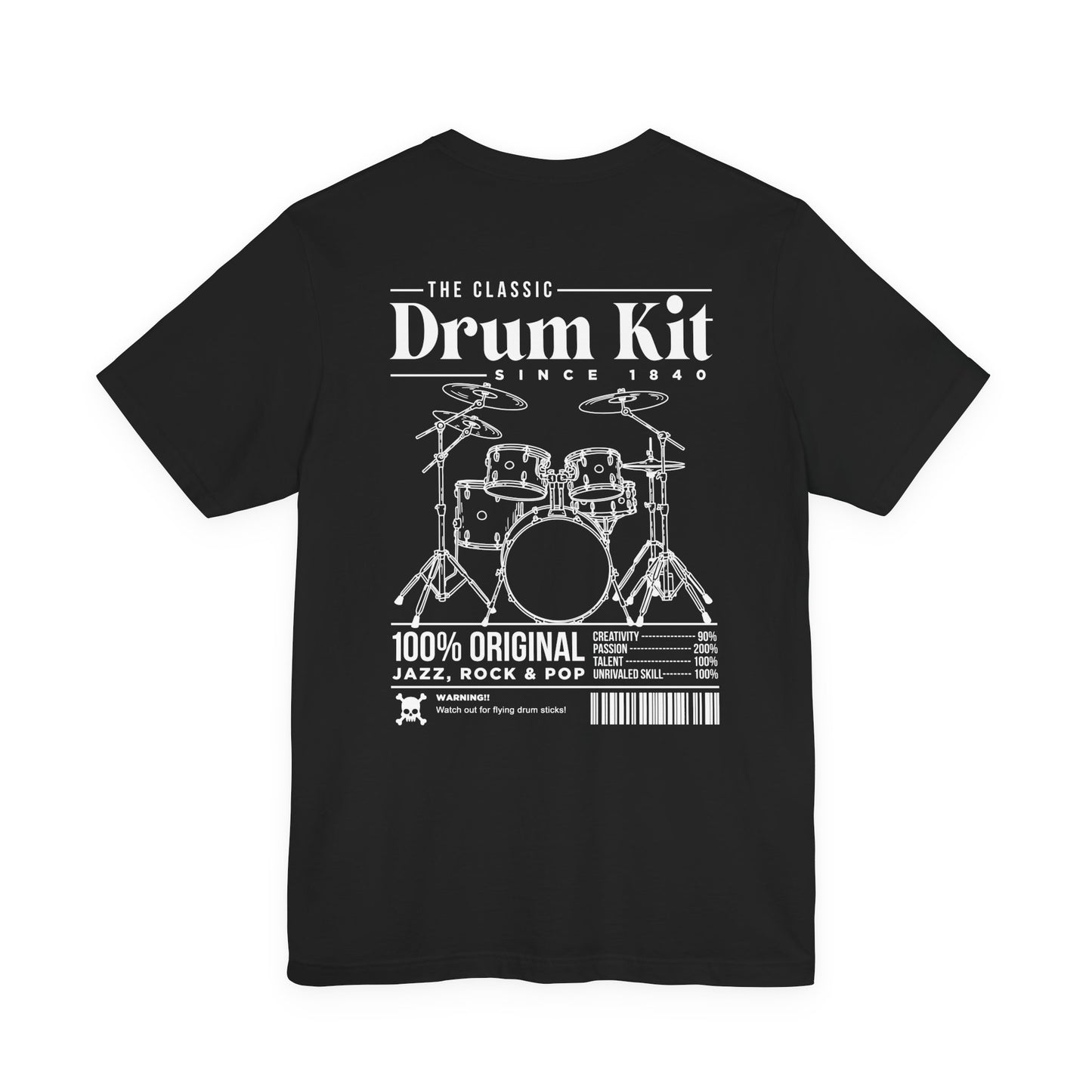 The Classic Drum Kit T-Shirt – Vintage Design with Bold Music Stats & Warning