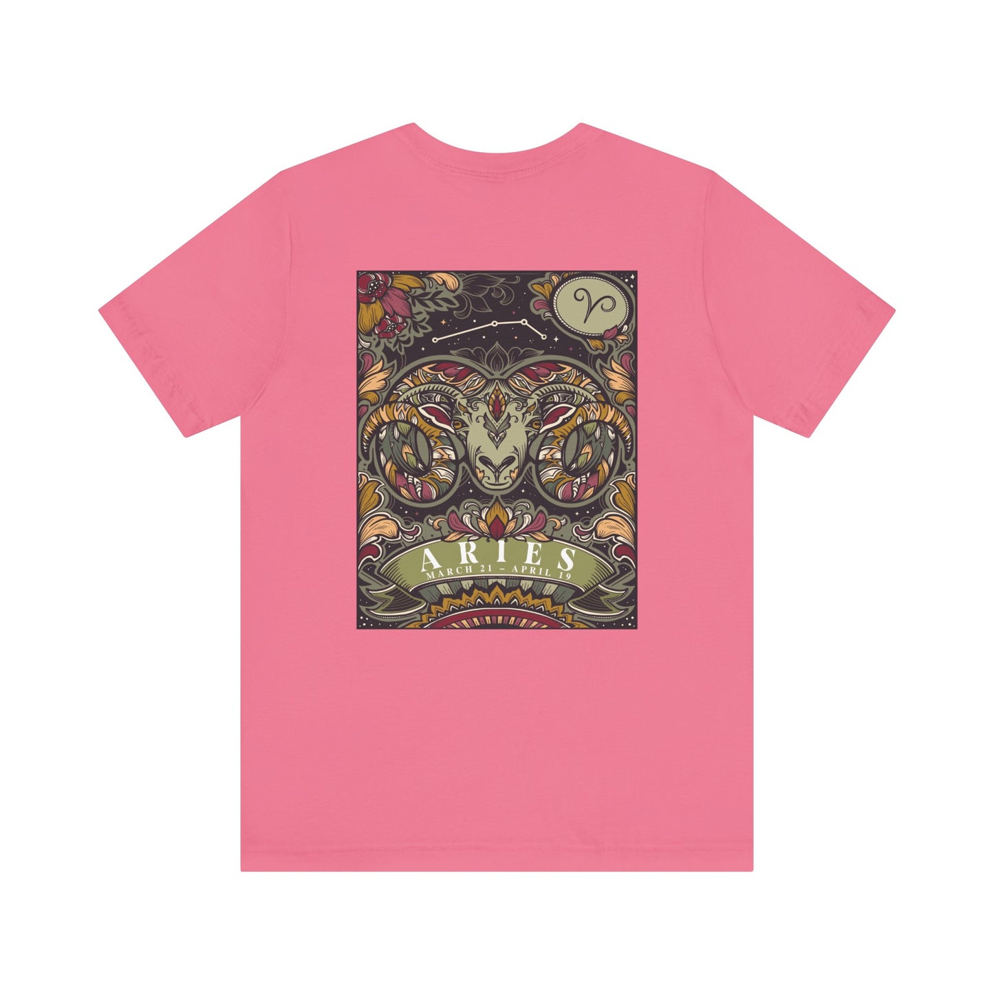Aries Zodiac T-Shirt – Ram Head with Constellation and Floral Background